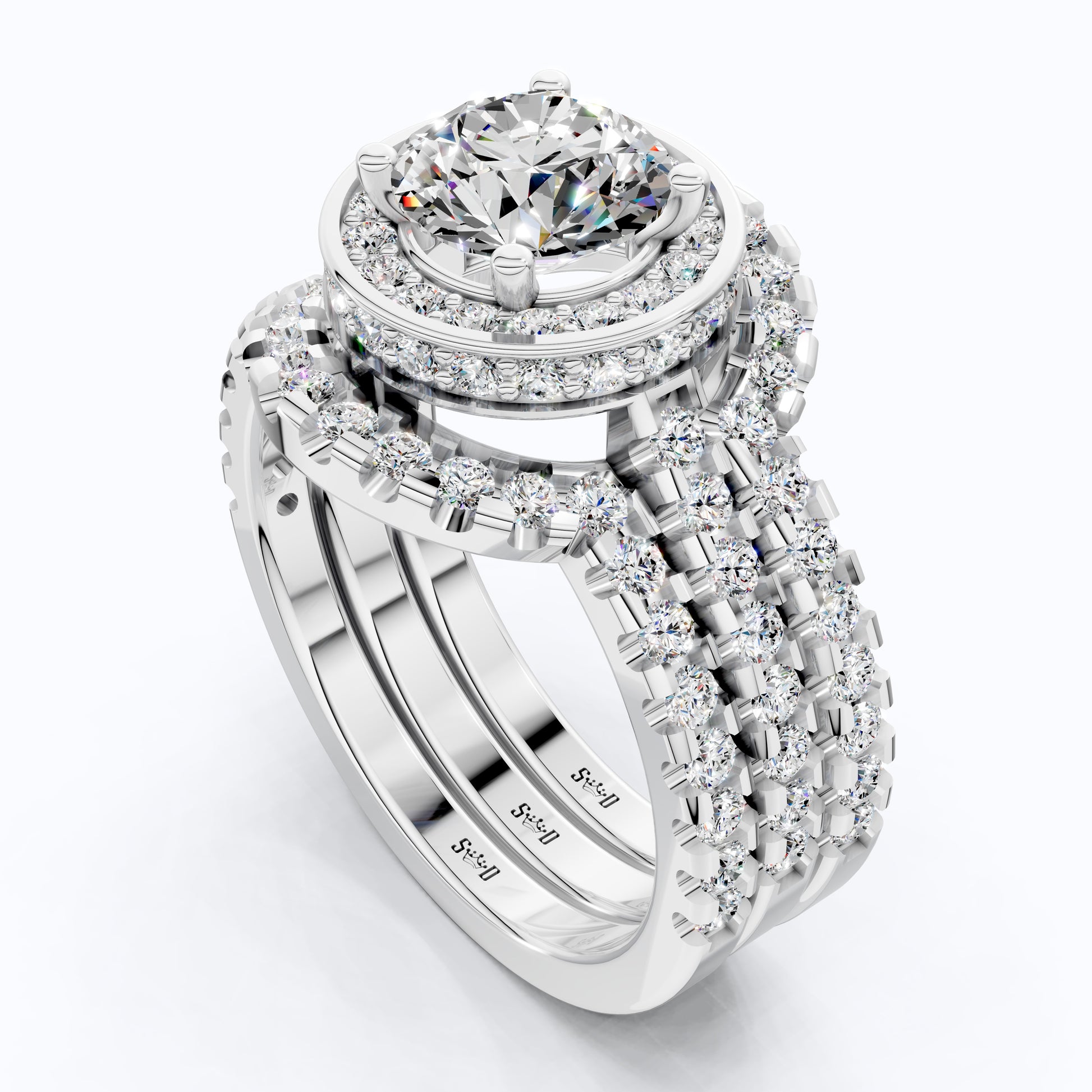 Glam Three Band Halo Cluster Wedding Ring Set in 14K Solid Gold, 1.00 CT Round Cut Lab Created Diamond, Double Halo Bridal Set, Bridal Jewelry