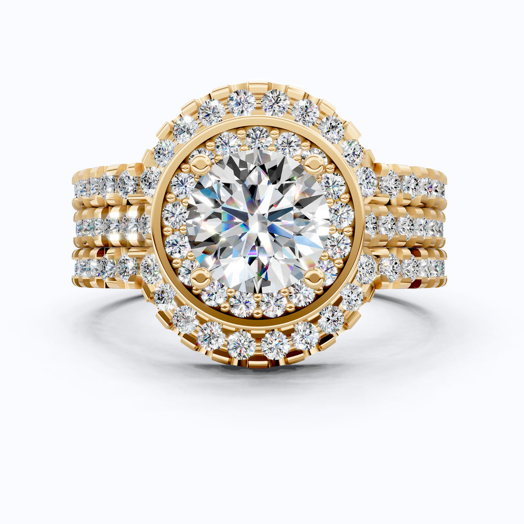 Glam Three Band Halo Cluster Wedding Ring Set in 14K Solid Gold, 1.00 CT Round Cut Lab Created Diamond, Double Halo Bridal Set, Bridal Jewelry