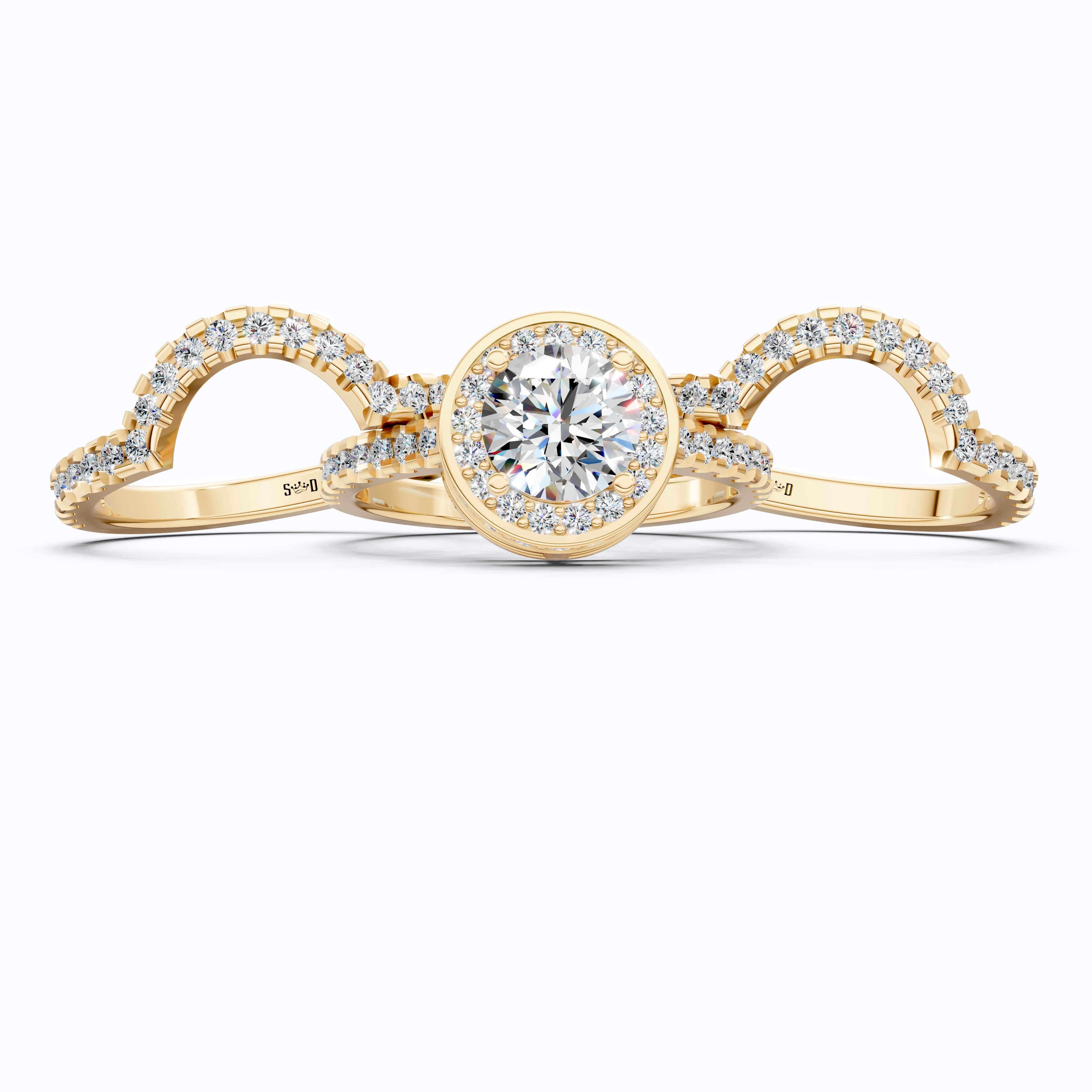 Glam Three Band Halo Cluster Wedding Ring Set in 14K Solid Gold, 1.00 CT Round Cut Lab Created Diamond, Double Halo Bridal Set, Bridal Jewelry