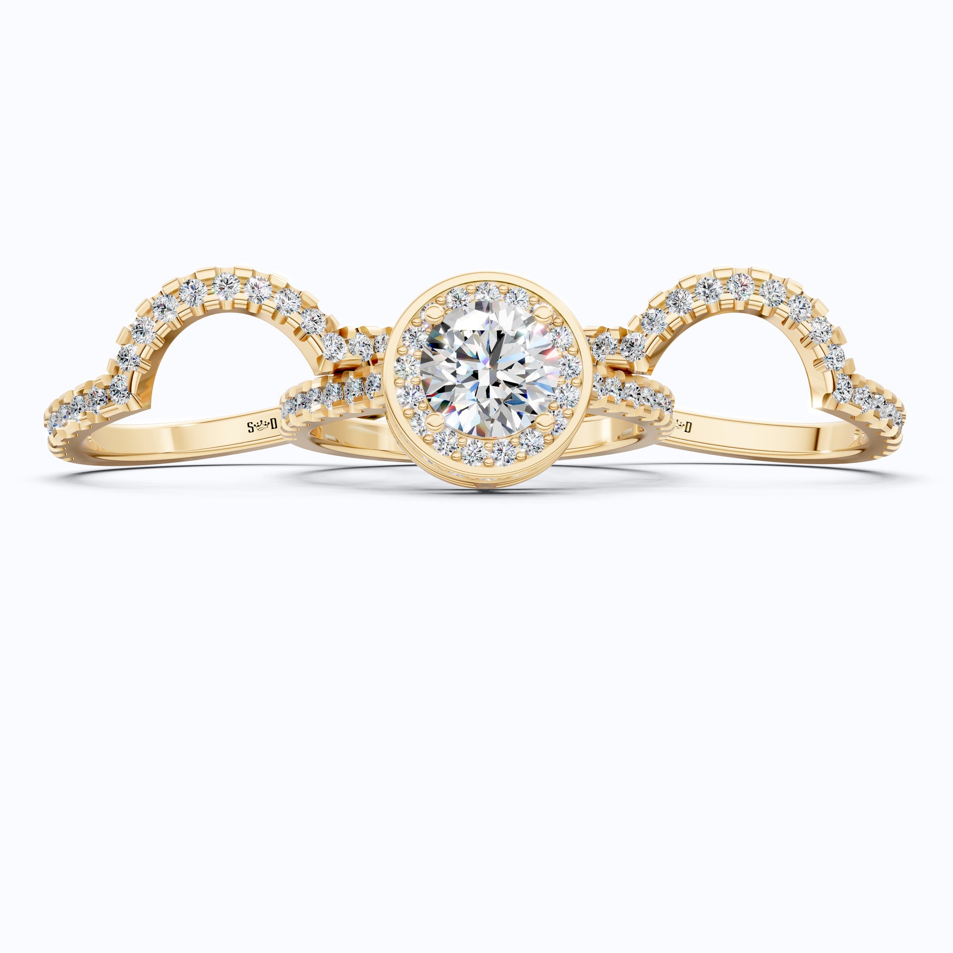 Glam Three Band Halo Cluster Wedding Ring Set in 14K Solid Gold, 1.00 CT Round Cut Lab Created Diamond, Double Halo Bridal Set, Bridal Jewelry