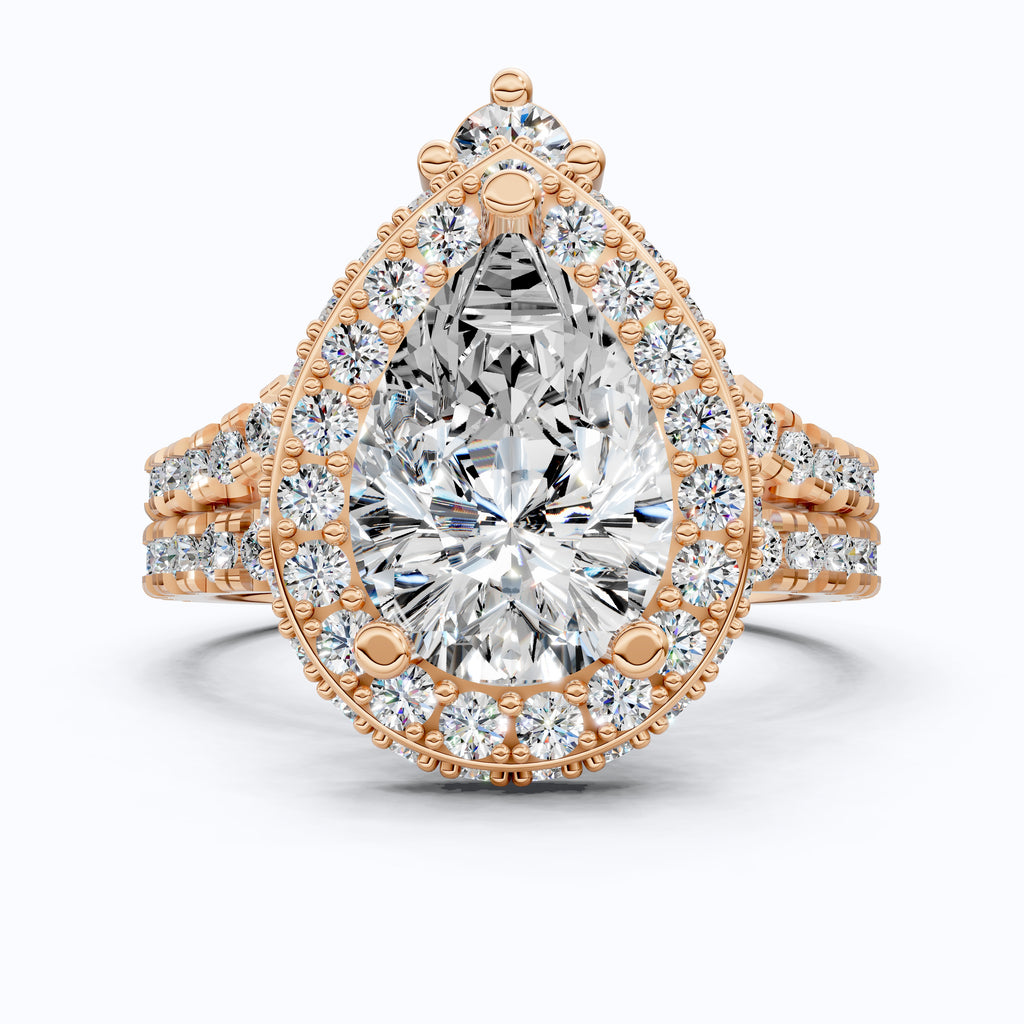 Double Halo Pave Unique Bridal Ring Set 14K Solid Gold, 1.75 CT Pear Cut Lab Grown Diamond, Wedding Bridal Set, Anniversary Gift for Her, Bridal Jewelry