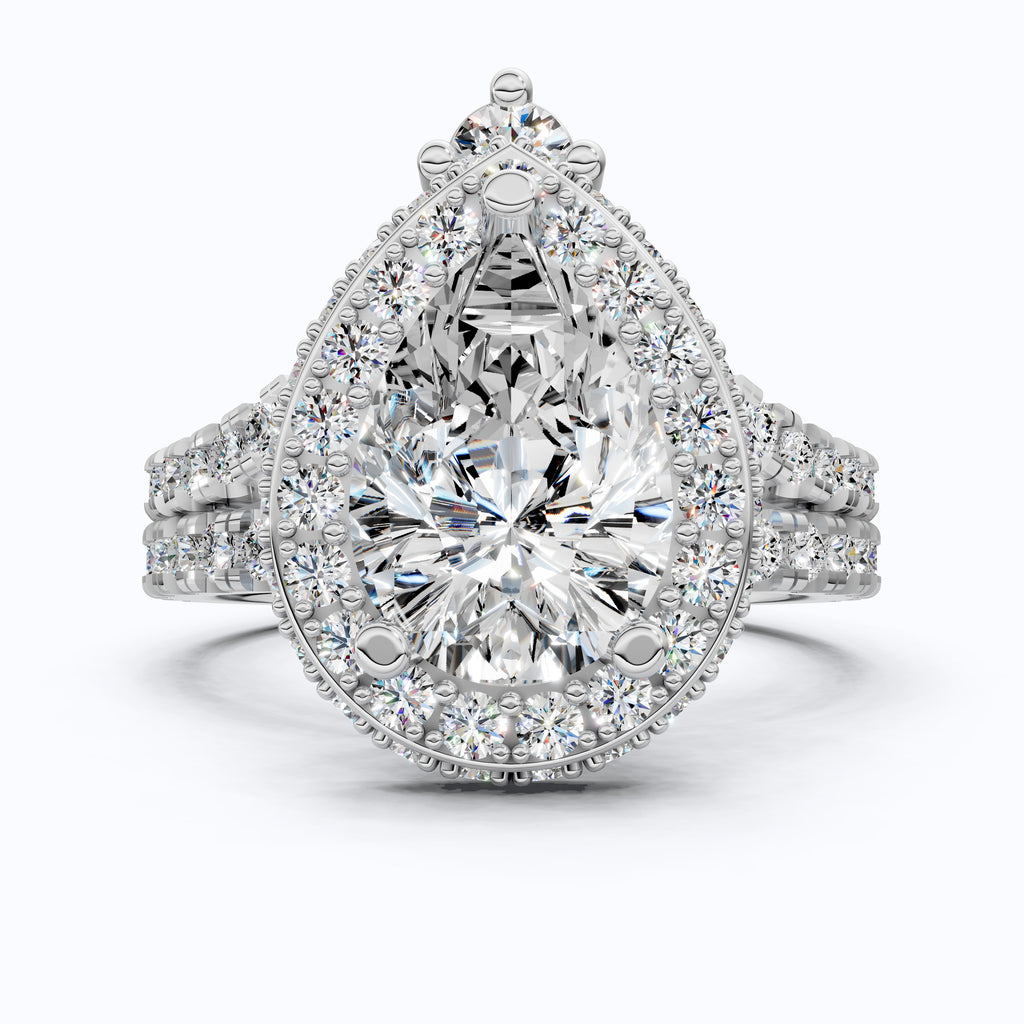 Double Halo Pave Unique Bridal Ring Set 14K Solid Gold, 1.75 CT Pear Cut Lab Grown Diamond, Wedding Bridal Set, Anniversary Gift for Her, Bridal Jewelry