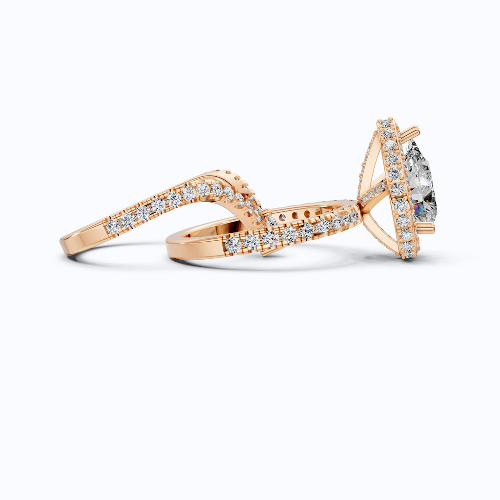 Double Halo Pave Unique Bridal Ring Set 14K Solid Gold, 1.75 CT Pear Cut Lab Grown Diamond, Wedding Bridal Set, Anniversary Gift for Her, Bridal Jewelry