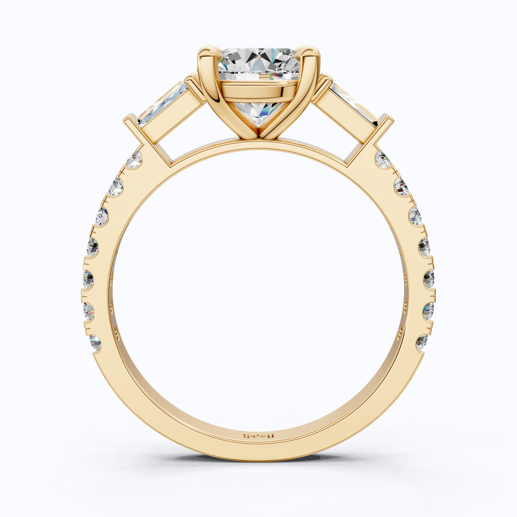 Baguette Accent Three-Stone Engagement Ring in 14K Solid Gold, 1.50 CT Round Cut Lab Grown Diamond, Elegant Jewelry, Anniversary Gift For Her