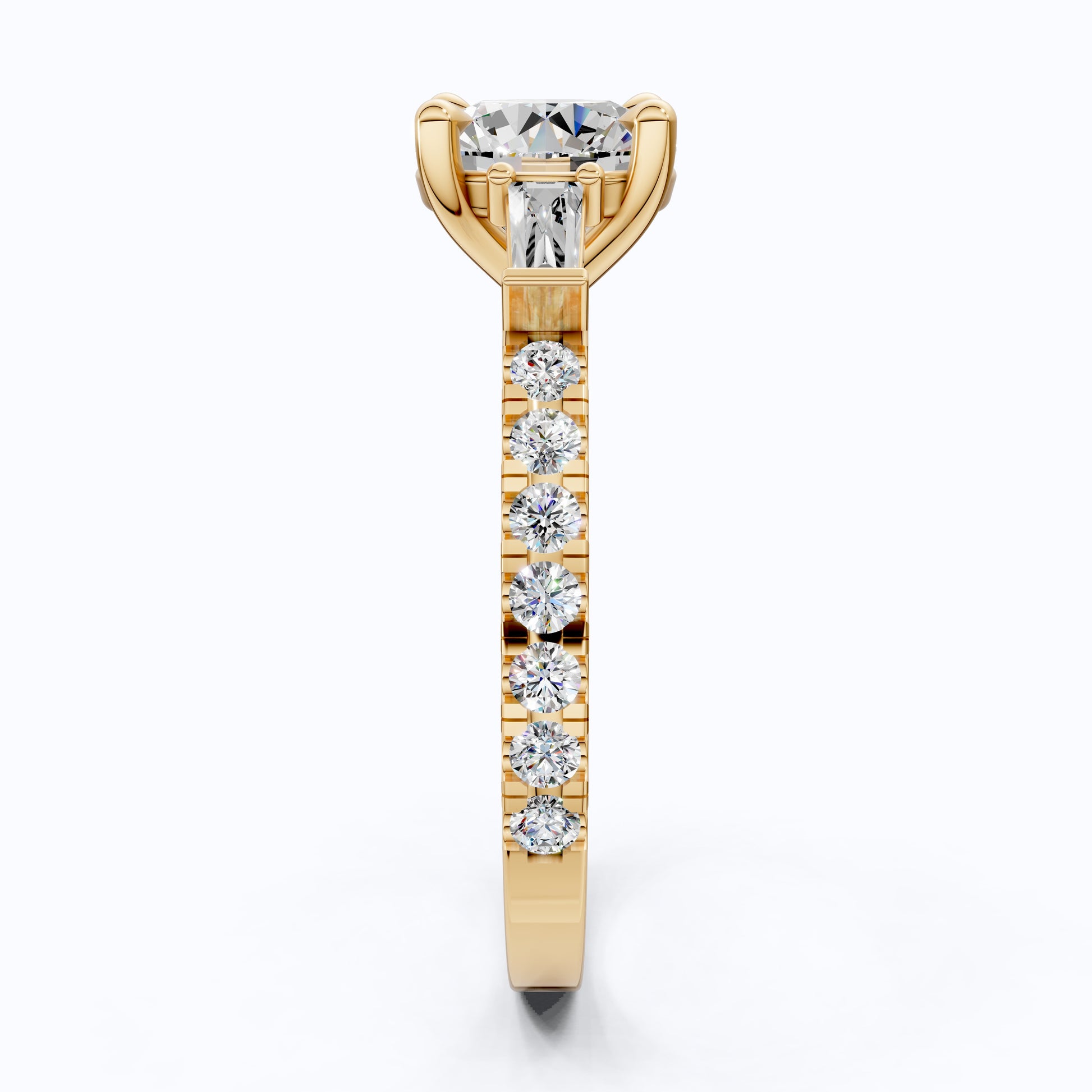 Baguette Accent Three-Stone Engagement Ring in 14K Solid Gold, 1.50 CT Round Cut Lab Grown Diamond, Elegant Jewelry, Anniversary Gift For Her