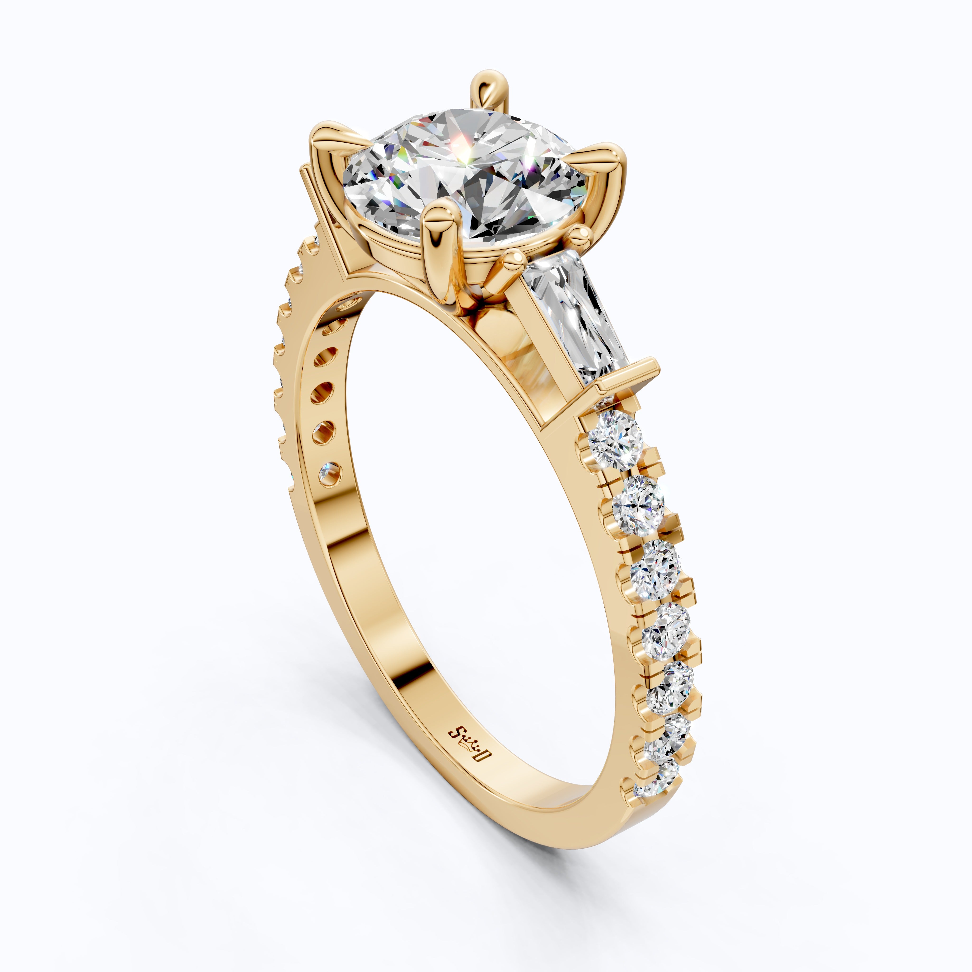 Baguette Accent Three-Stone Engagement Ring in 14K Solid Gold, 1.50 CT Round Cut Lab Grown Diamond, Elegant Jewelry, Anniversary Gift For Her