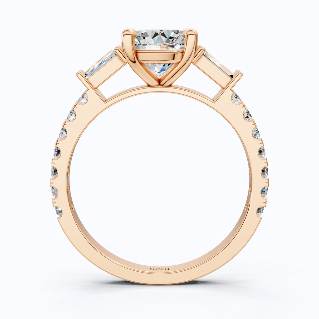 Baguette Accent Three-Stone Engagement Ring in 14K Solid Gold, 1.50 CT Round Cut Lab Grown Diamond, Elegant Jewelry, Anniversary Gift For Her