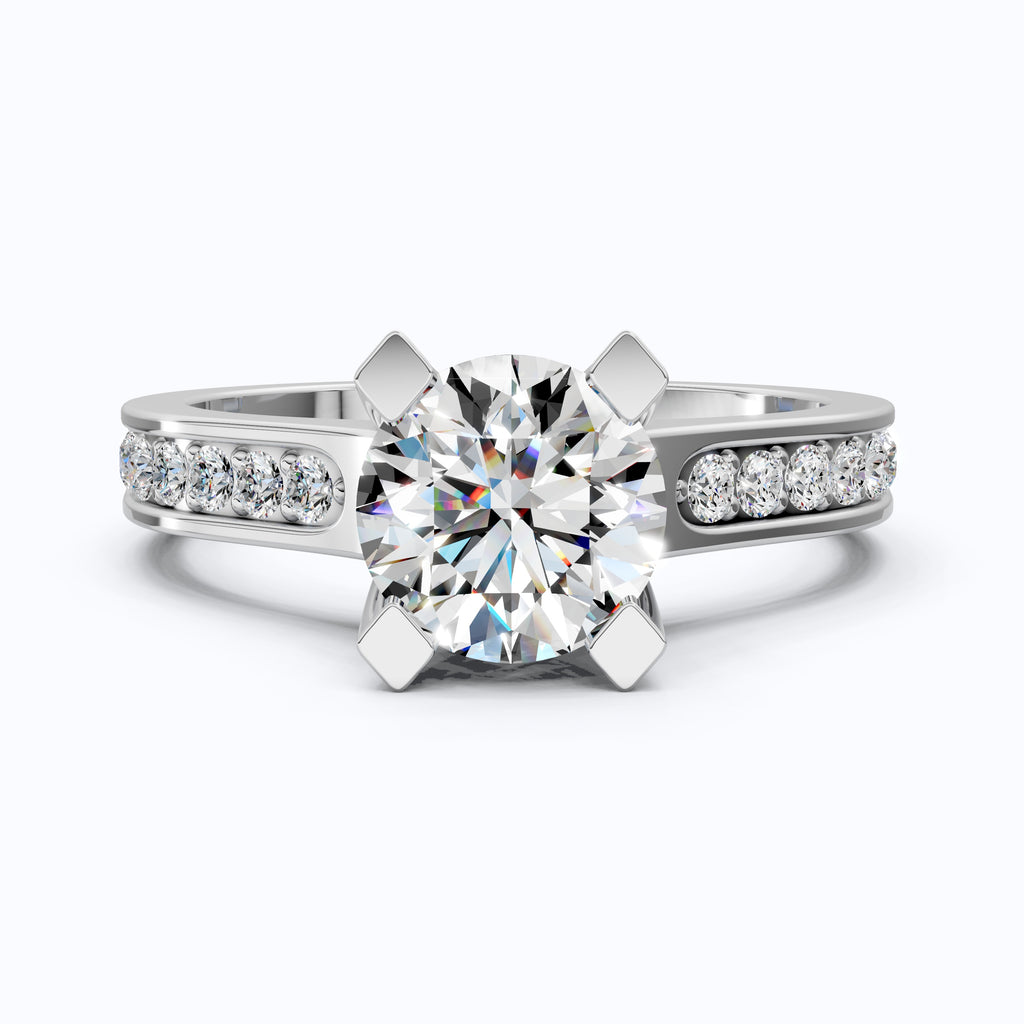 Modern Pavé Channel Set Engagement Ring in Solid 9k/14k Gold, 1.00 CT Round Cut Lab Diamond, Bridal Wedding Ring, Birthday Gift for Wife