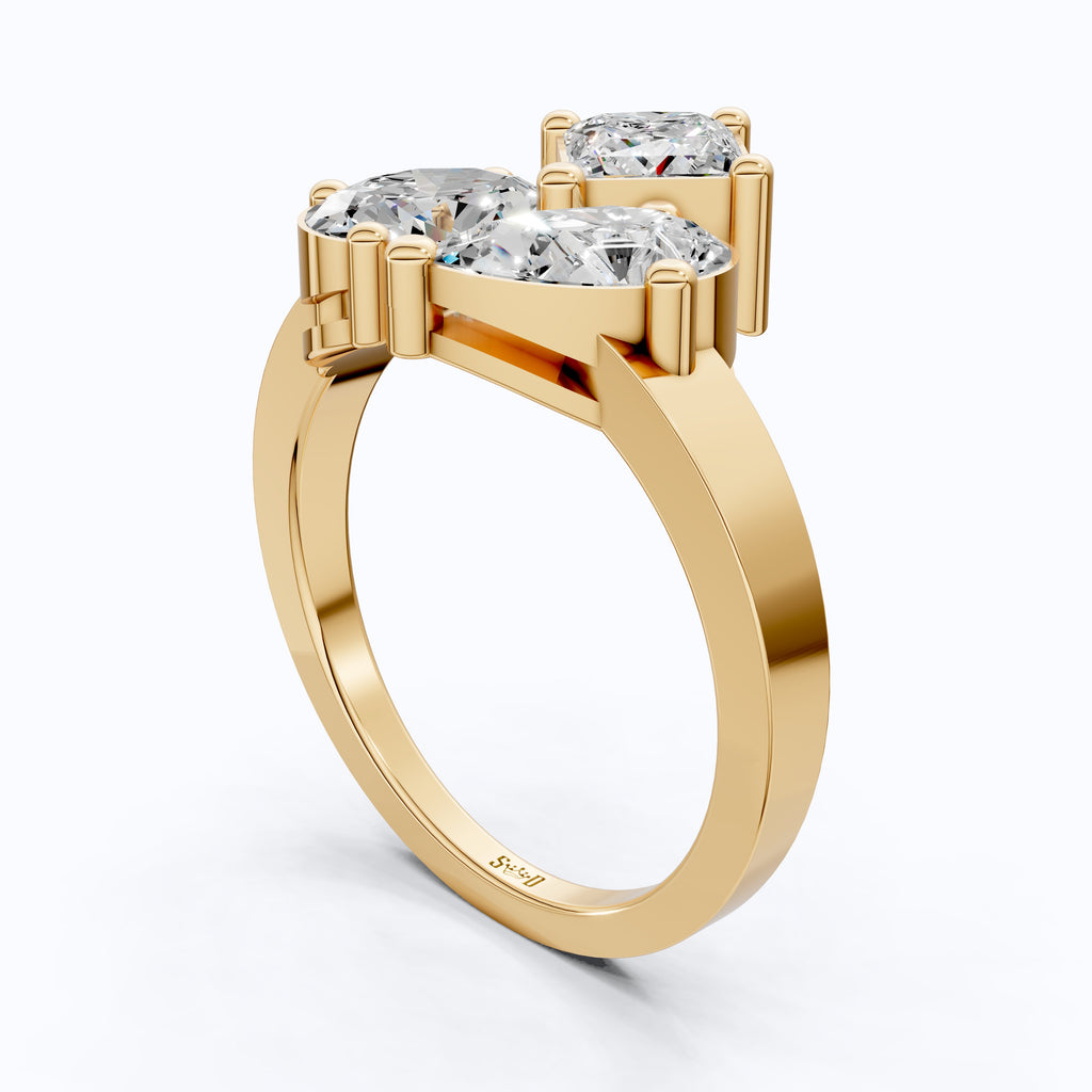 Modern Three Stone Engagement Ring in 14K Yellow Gold, Handmade Jewelry Gift