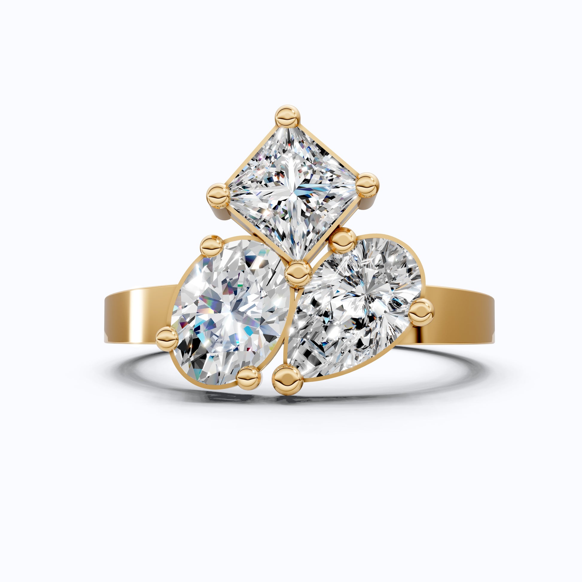Modern Three Stone Engagement Ring in 14K Yellow Gold, Handmade Jewelry Gift