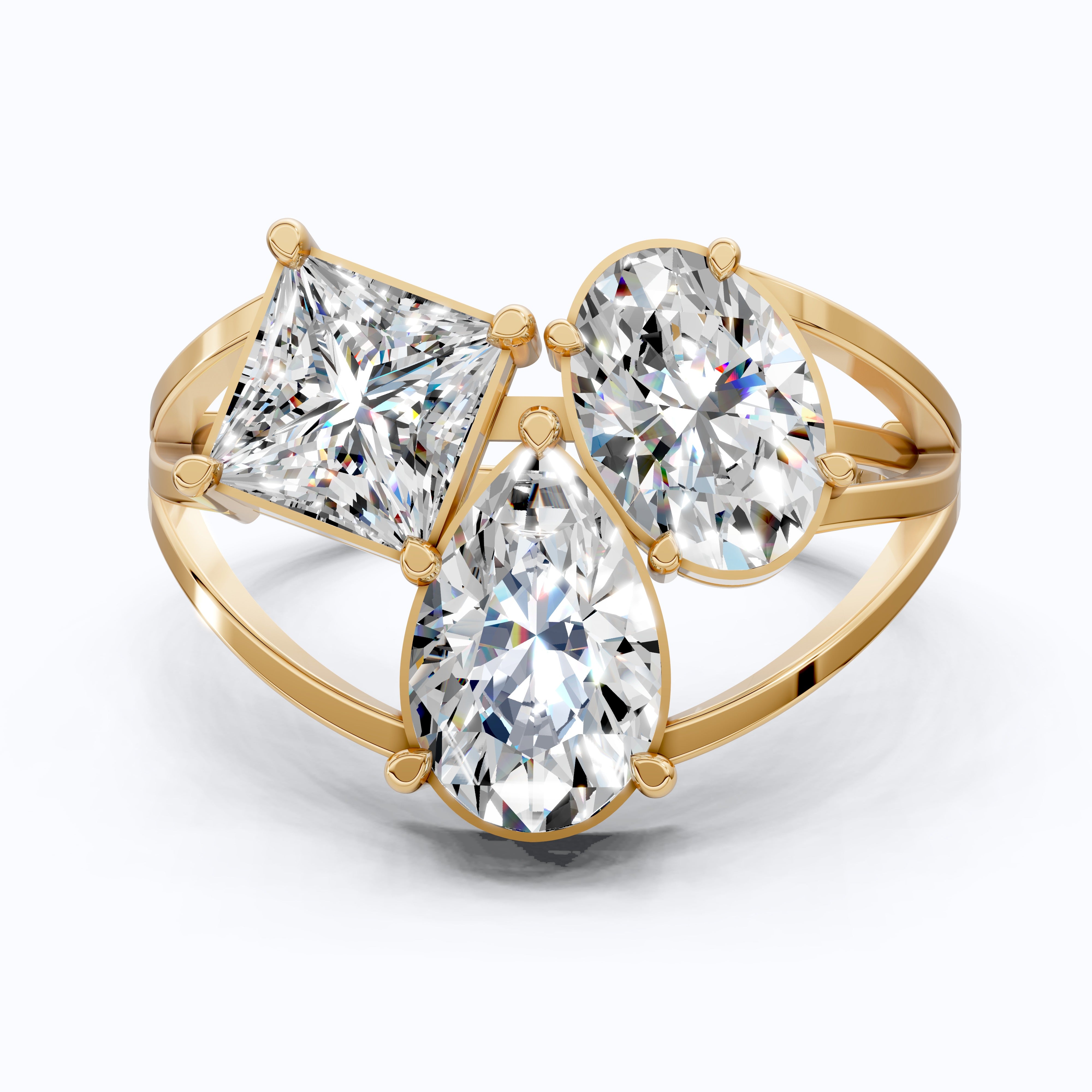 Trio Stone Split Shank Ring in Moissanite or Lab Grown Diamond – Solid 10k/14k Gold Engagement Ring, Anniversary Gift for Wife