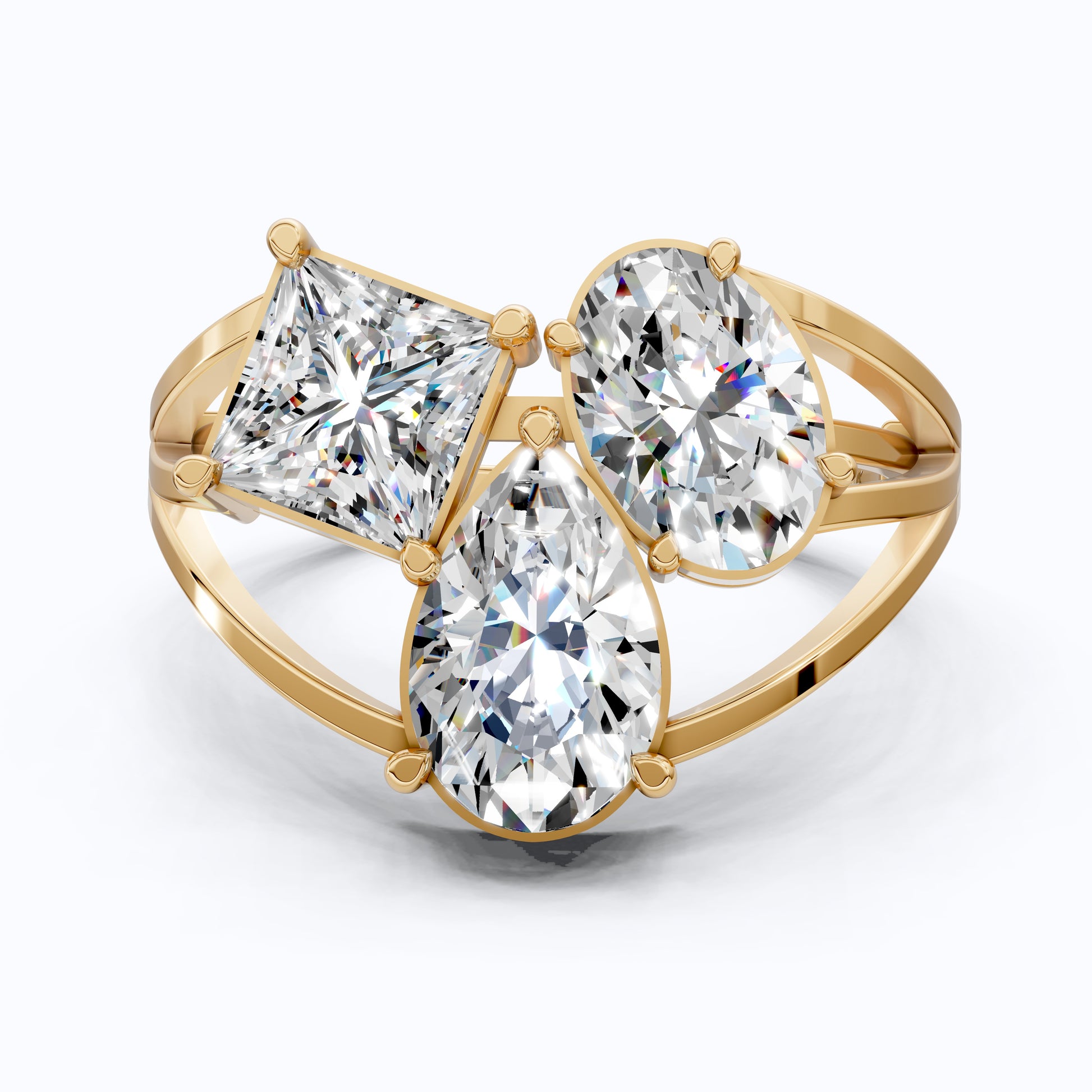 Trio Stone Split Shank Ring in Moissanite or Lab Grown Diamond – Solid 10k/14k Gold Engagement Ring, Anniversary Gift for Wife