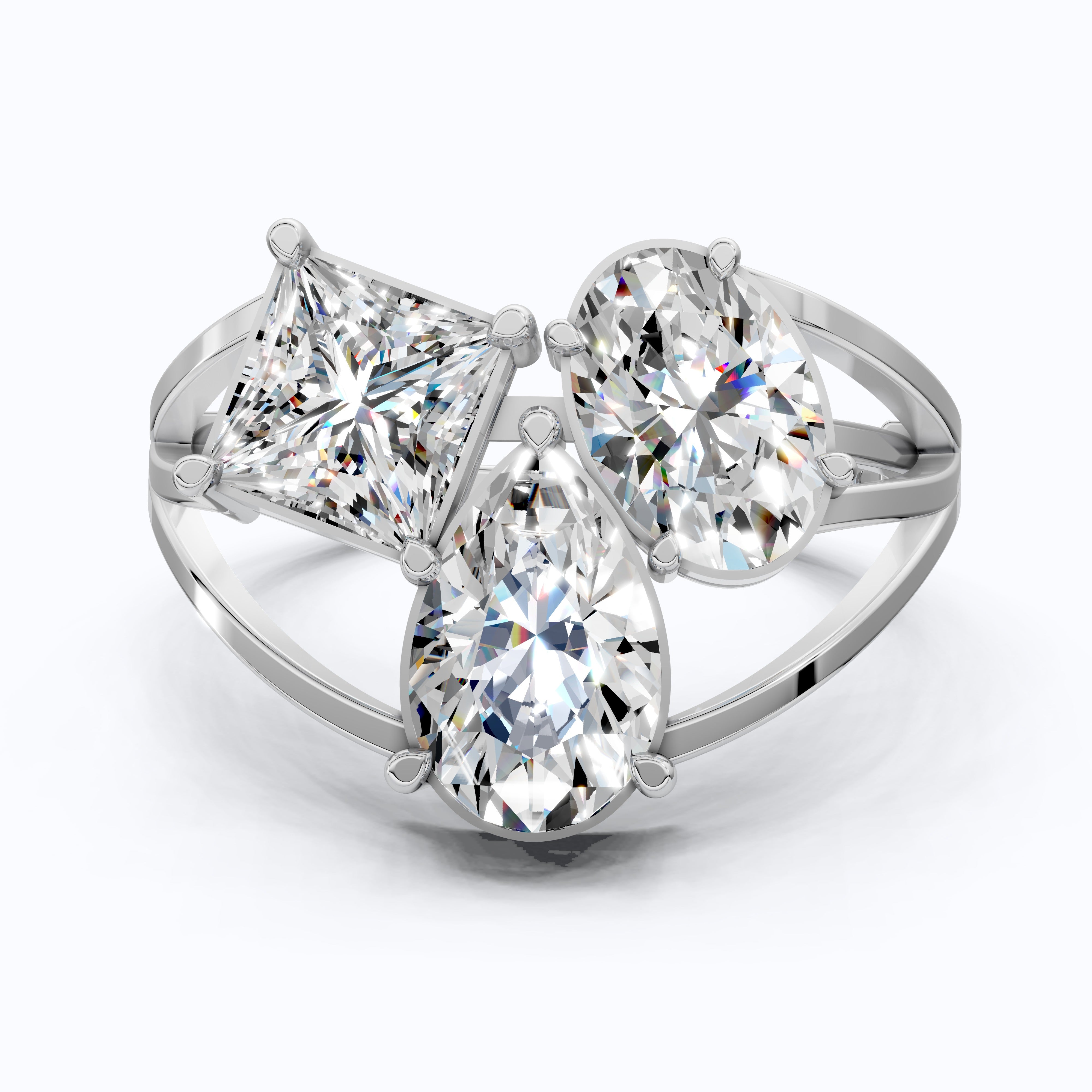 Trio Stone Split Shank Ring in Moissanite or Lab Grown Diamond – Solid 10k/14k Gold Engagement Ring, Anniversary Gift for Wife