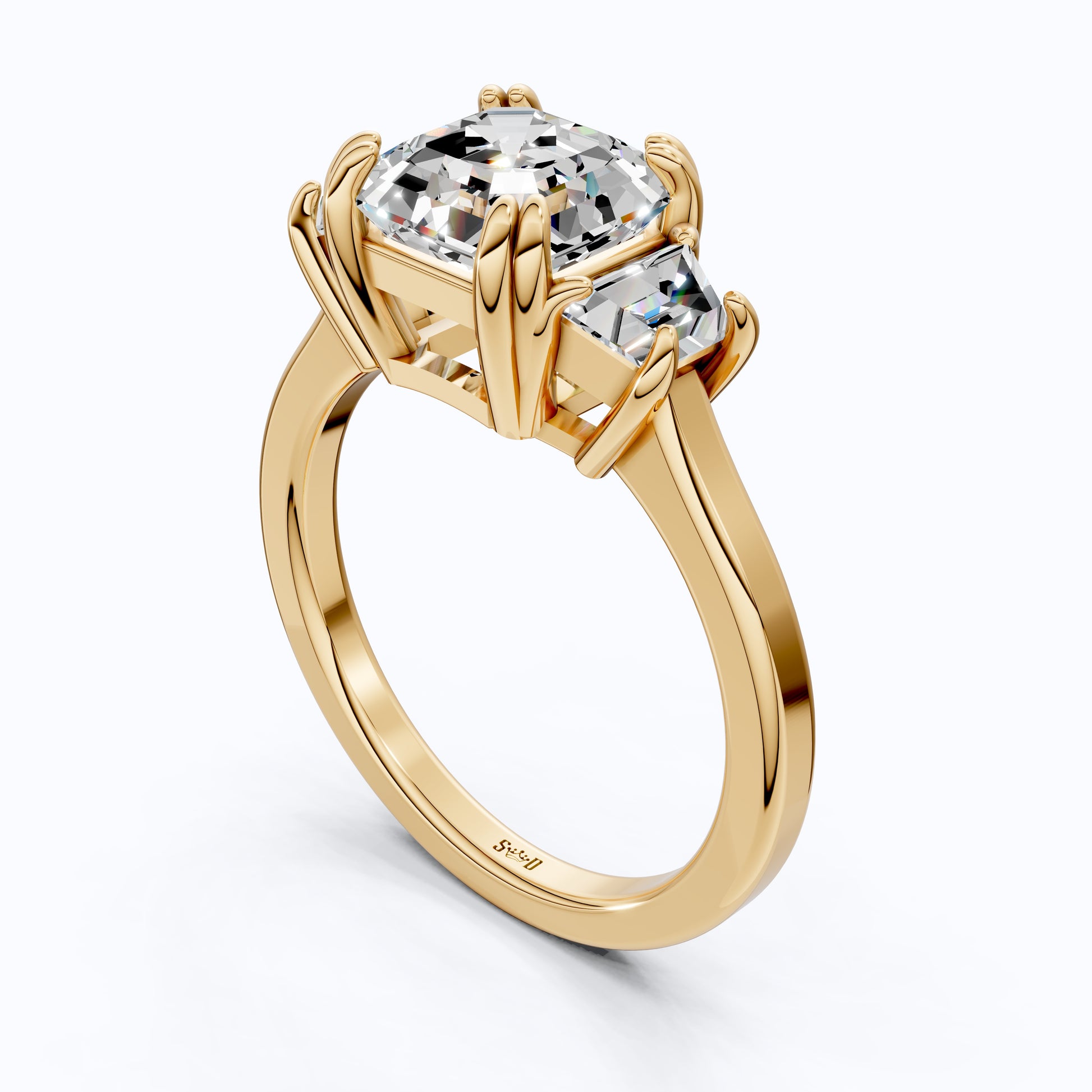 Asscher Cut Three Stone Engagement Ring with Tapered Side Stones in Moissanite or Lab Grown Diamond – Solid 14k/18k Gold or Silver Engagement Gift, Handmade Jewelry
