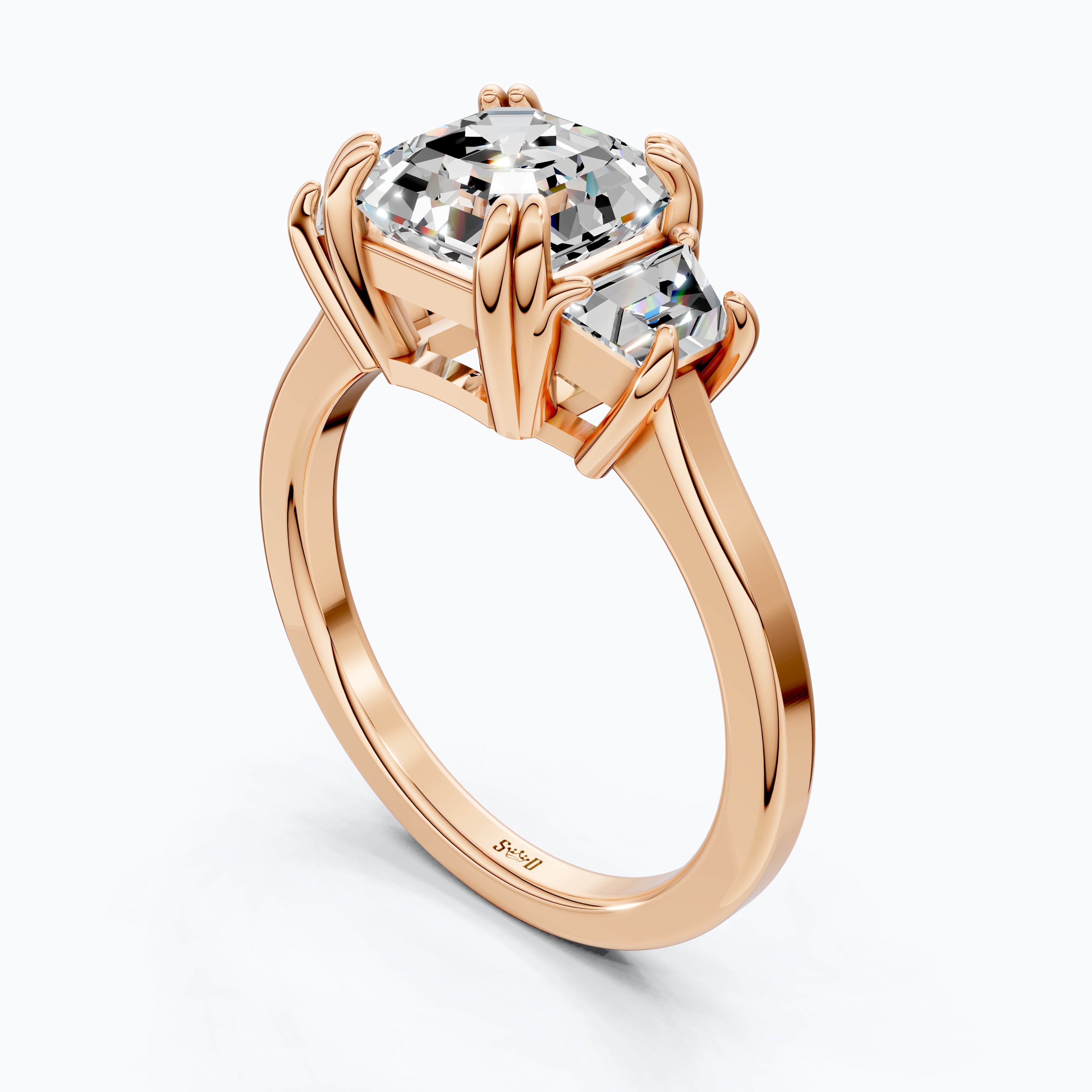 Asscher Cut Three Stone Engagement Ring with Tapered Side Stones in Moissanite or Lab Grown Diamond – Solid 14k/18k Gold or Silver Engagement Gift, Handmade Jewelry