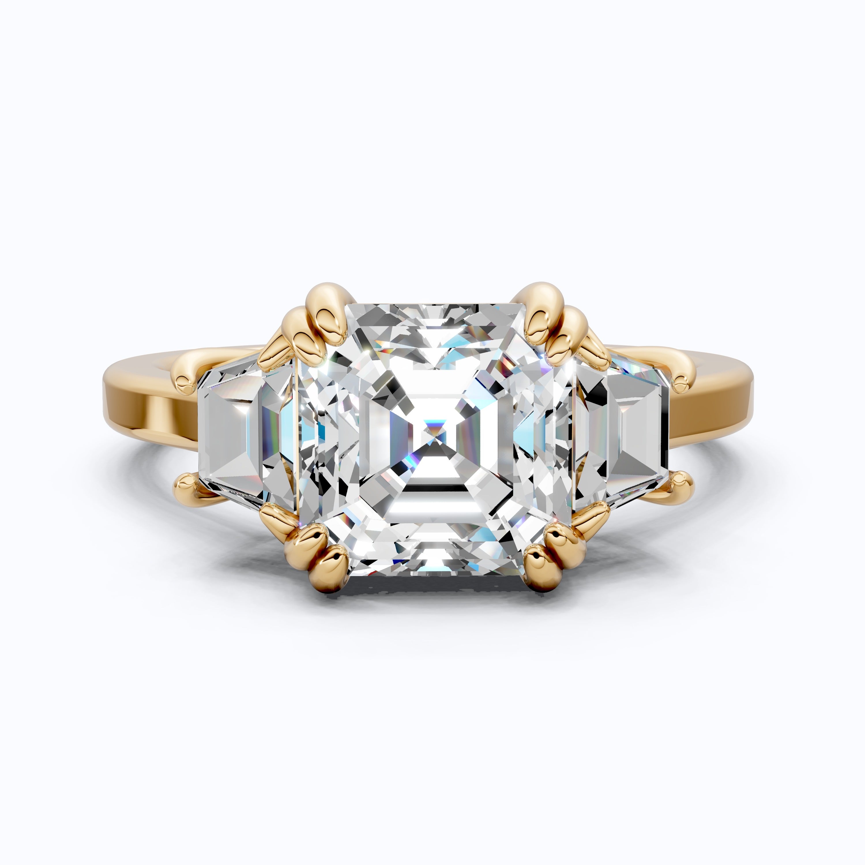 Asscher Cut Three Stone Engagement Ring with Tapered Side Stones in Moissanite or Lab Grown Diamond – Solid 14k/18k Gold or Silver Engagement Gift, Handmade Jewelry