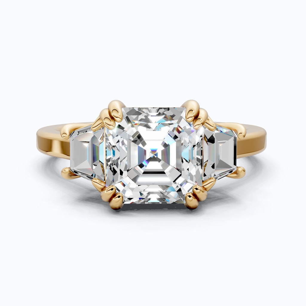 Asscher Cut Three Stone Engagement Ring with Tapered Side Stones in Moissanite or Lab Grown Diamond – Solid 14k/18k Gold or Silver Engagement Gift, Handmade Jewelry