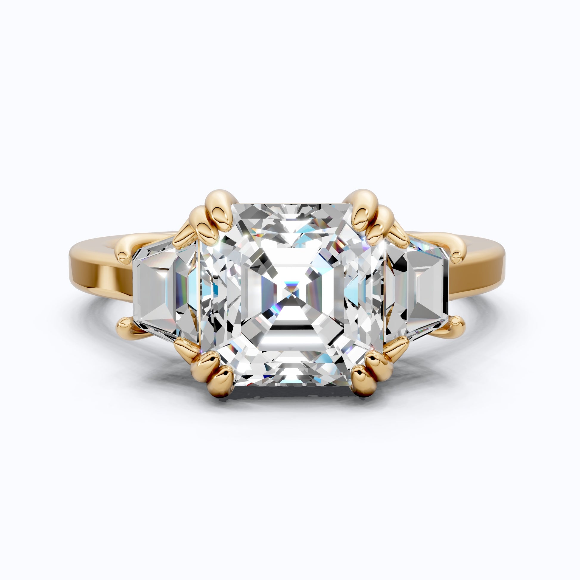 Asscher Cut Three Stone Engagement Ring with Tapered Side Stones in Moissanite or Lab Grown Diamond – Solid 14k/18k Gold or Silver Engagement Gift, Handmade Jewelry