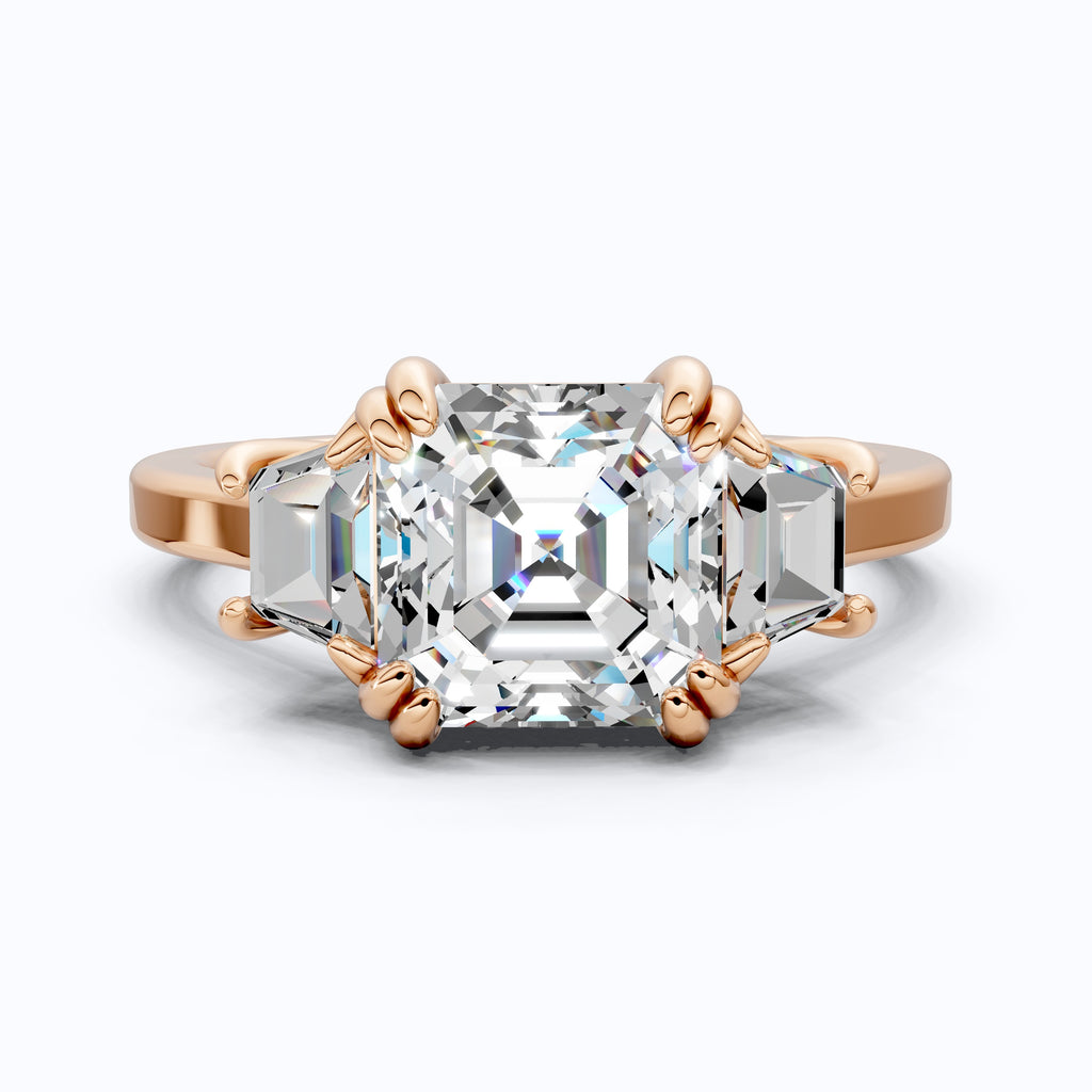 Asscher Cut Three Stone Engagement Ring with Tapered Side Stones in Moissanite or Lab Grown Diamond – Solid 14k/18k Gold or Silver Engagement Gift, Handmade Jewelry