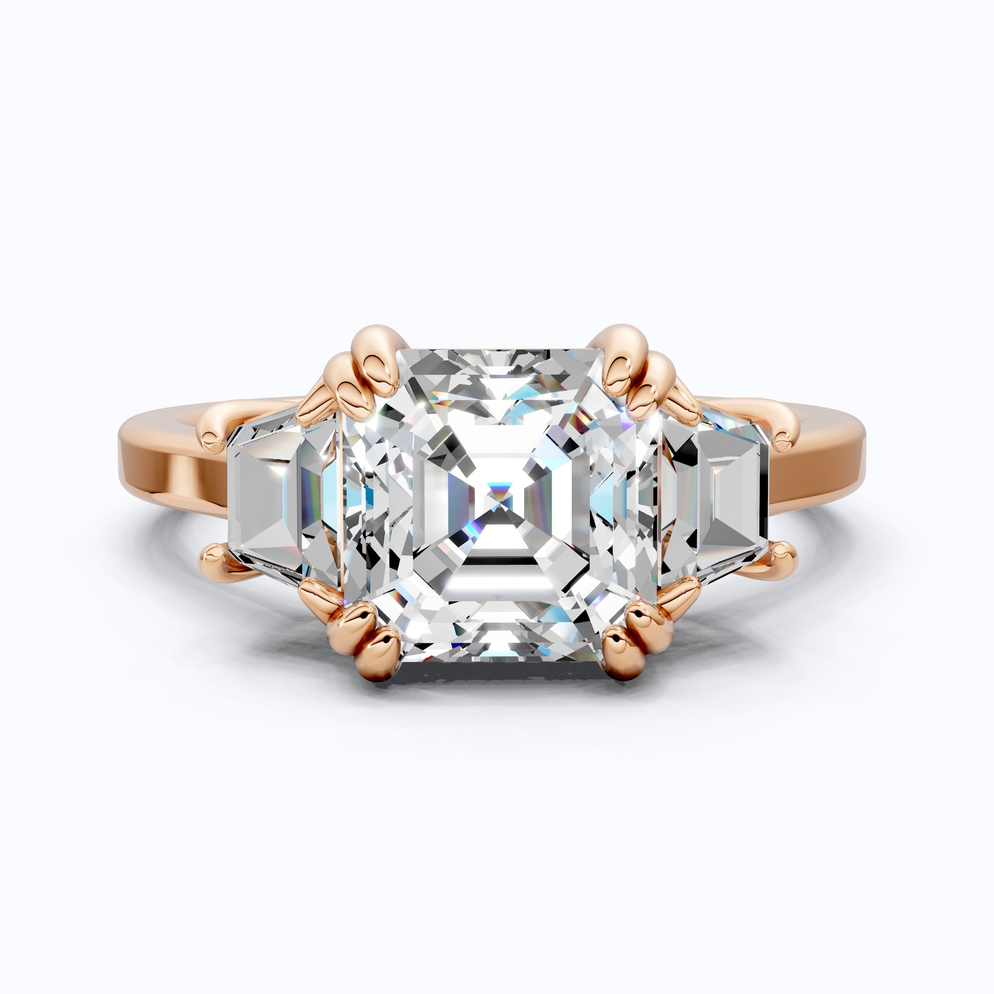 Asscher Cut Three Stone Engagement Ring with Tapered Side Stones in Moissanite or Lab Grown Diamond – Solid 14k/18k Gold or Silver Engagement Gift, Handmade Jewelry