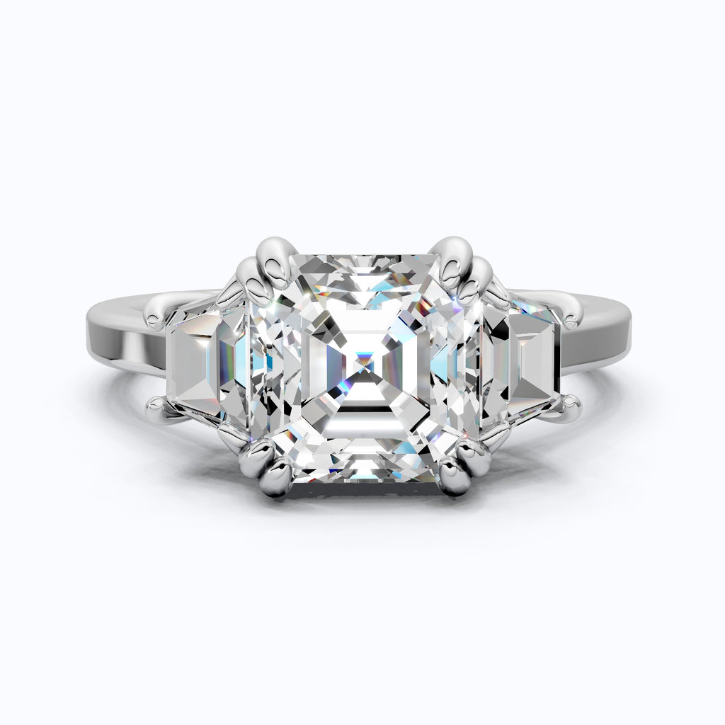 Asscher Cut Three Stone Engagement Ring with Tapered Side Stones in Moissanite or Lab Grown Diamond – Solid 14k/18k Gold or Silver Engagement Gift, Handmade Jewelry