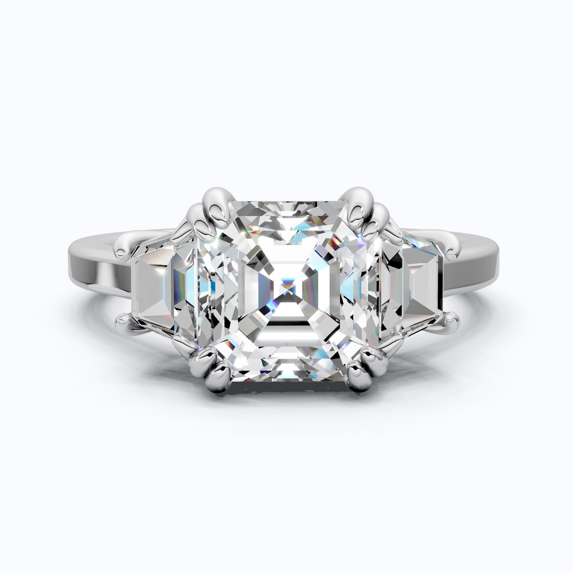 Asscher Cut Three Stone Engagement Ring with Tapered Side Stones in Moissanite or Lab Grown Diamond – Solid 14k/18k Gold or Silver Engagement Gift, Handmade Jewelry