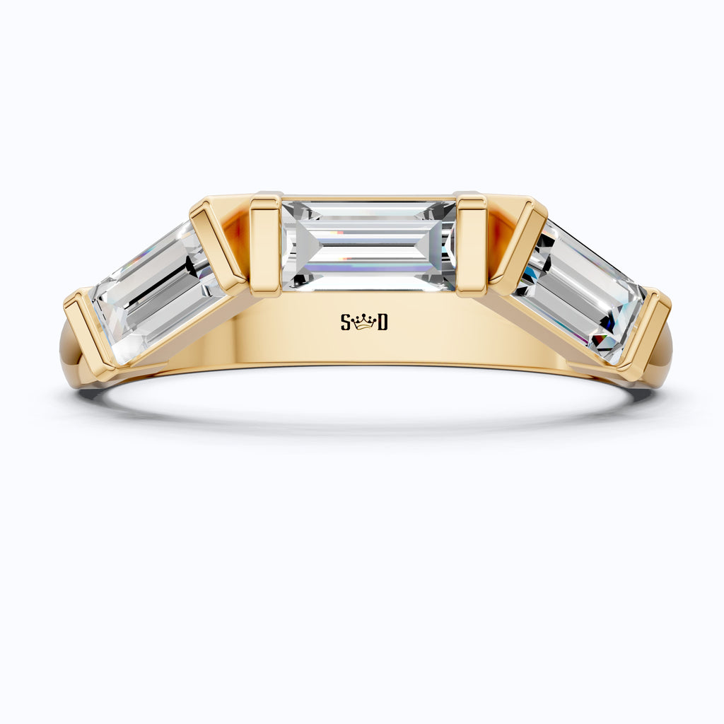 Three Stone Baguette Arc Deco Curved Wedding Band in 14K Solid Gold, 0.72 TCW Baguette Cut Lab Grown Diamonds, Contemporary Bridal Jewelry