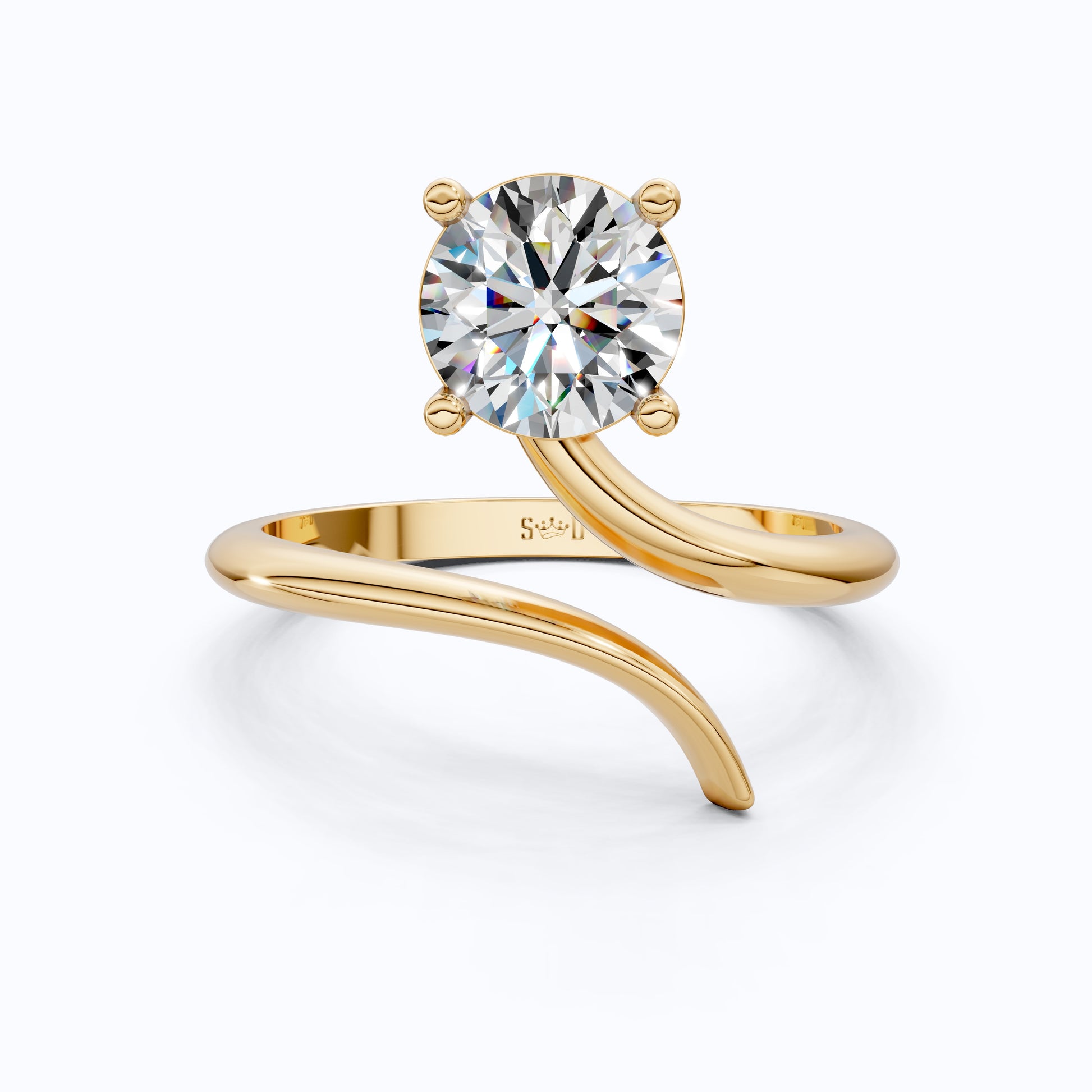 Twisted Band Bypass Solitaire Engagement Ring in 14k Solid Gold, 1.00 CT Round Cut Lab Created Diamond, Unique Shank Ring, Anniversary Gift for Women