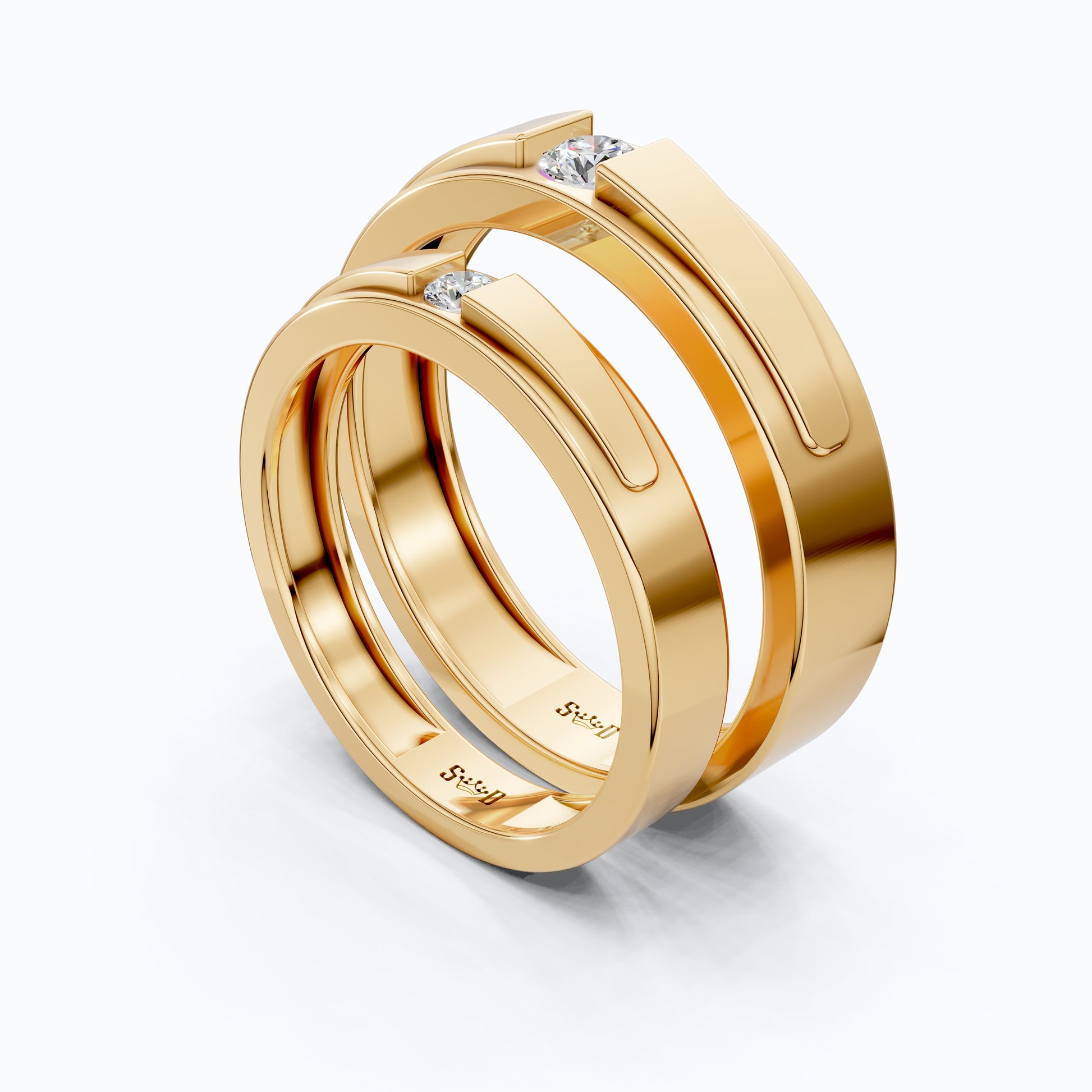 14K Yellow Gold Couple Band Set with Lab Grown Diamonds – Modern Bezel Wedding Ring Gift for Him and Her, Handmade Jewelry