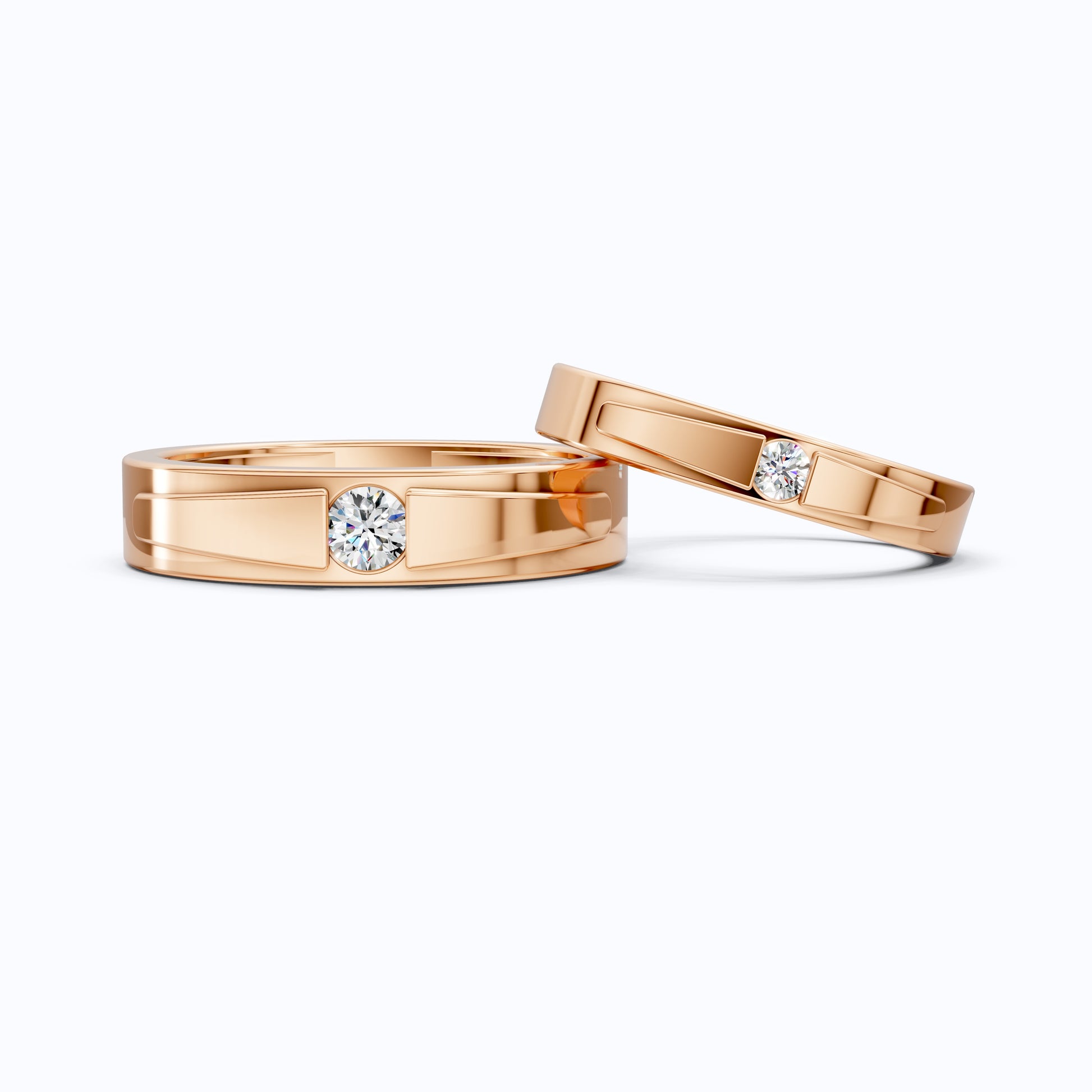 14K Yellow Gold Couple Band Set with Lab Grown Diamonds – Modern Bezel Wedding Ring Gift for Him and Her, Handmade Jewelry