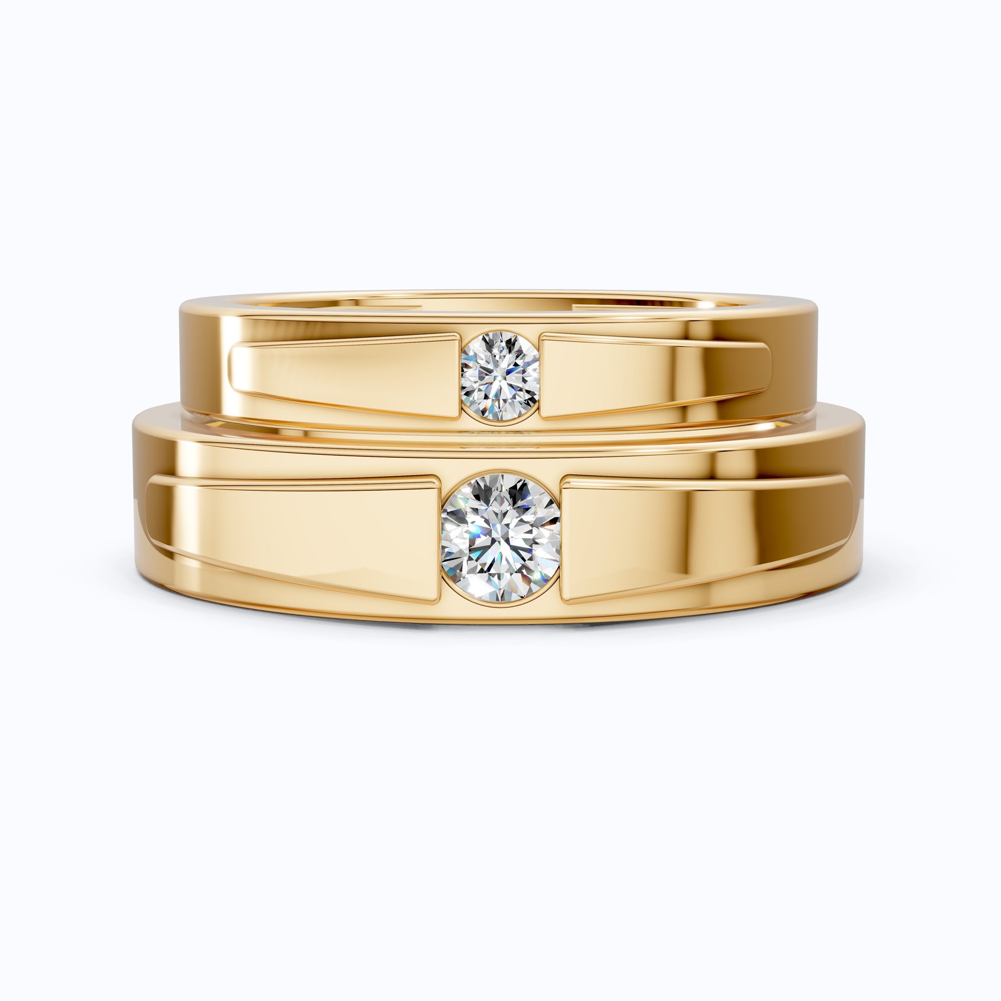 14K Yellow Gold Couple Band Set with Lab Grown Diamonds – Modern Bezel Wedding Ring Gift for Him and Her, Handmade Jewelry