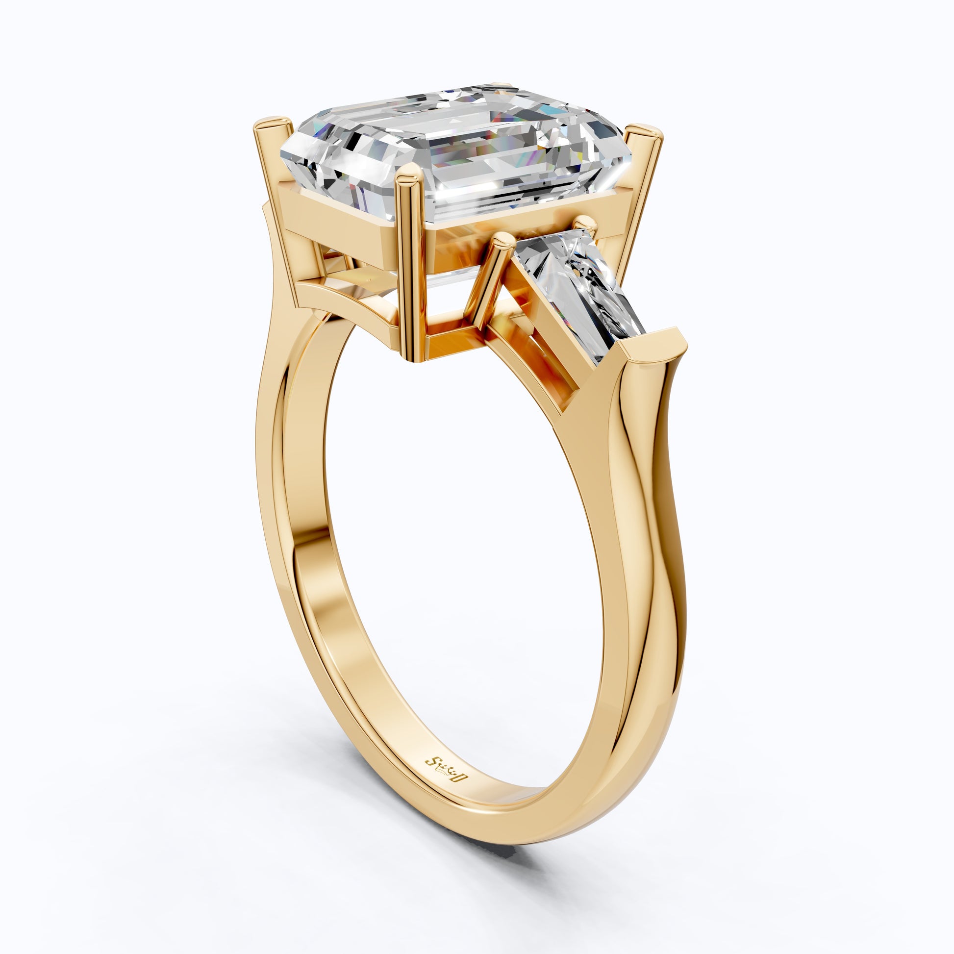 Elegant Emerald Cut Three Stone Engagement Ring in 14K White Gold, Bridal Jewelry, Handmade Jewelry
