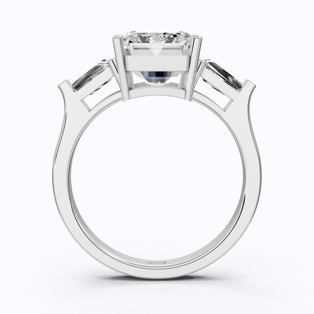 Elegant Emerald Cut Three Stone Engagement Ring in 14K White Gold, Bridal Jewelry, Handmade Jewelry