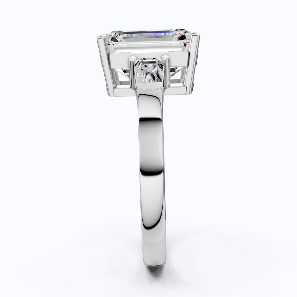 Elegant Emerald Cut Three Stone Engagement Ring in 14K White Gold, Bridal Jewelry, Handmade Jewelry