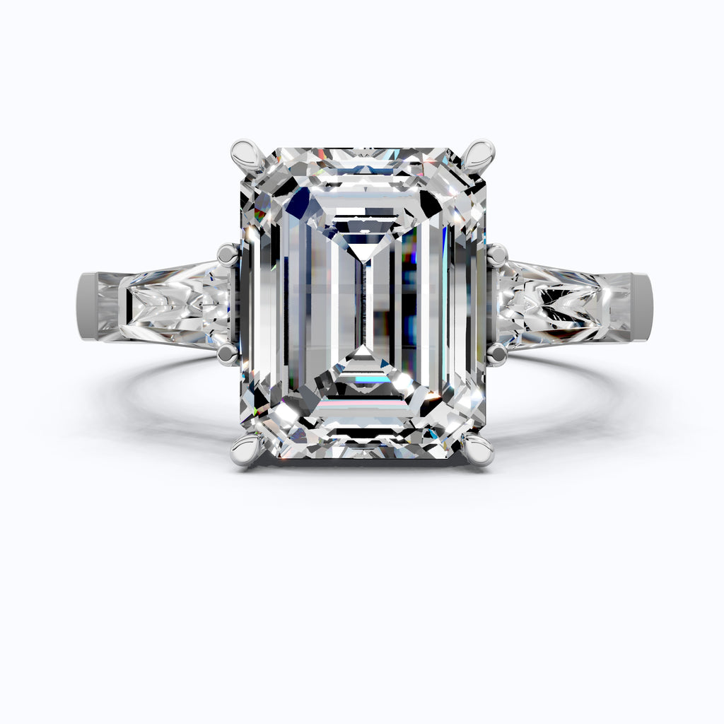 Elegant Emerald Cut Three Stone Engagement Ring in 14K White Gold, Bridal Jewelry, Handmade Jewelry