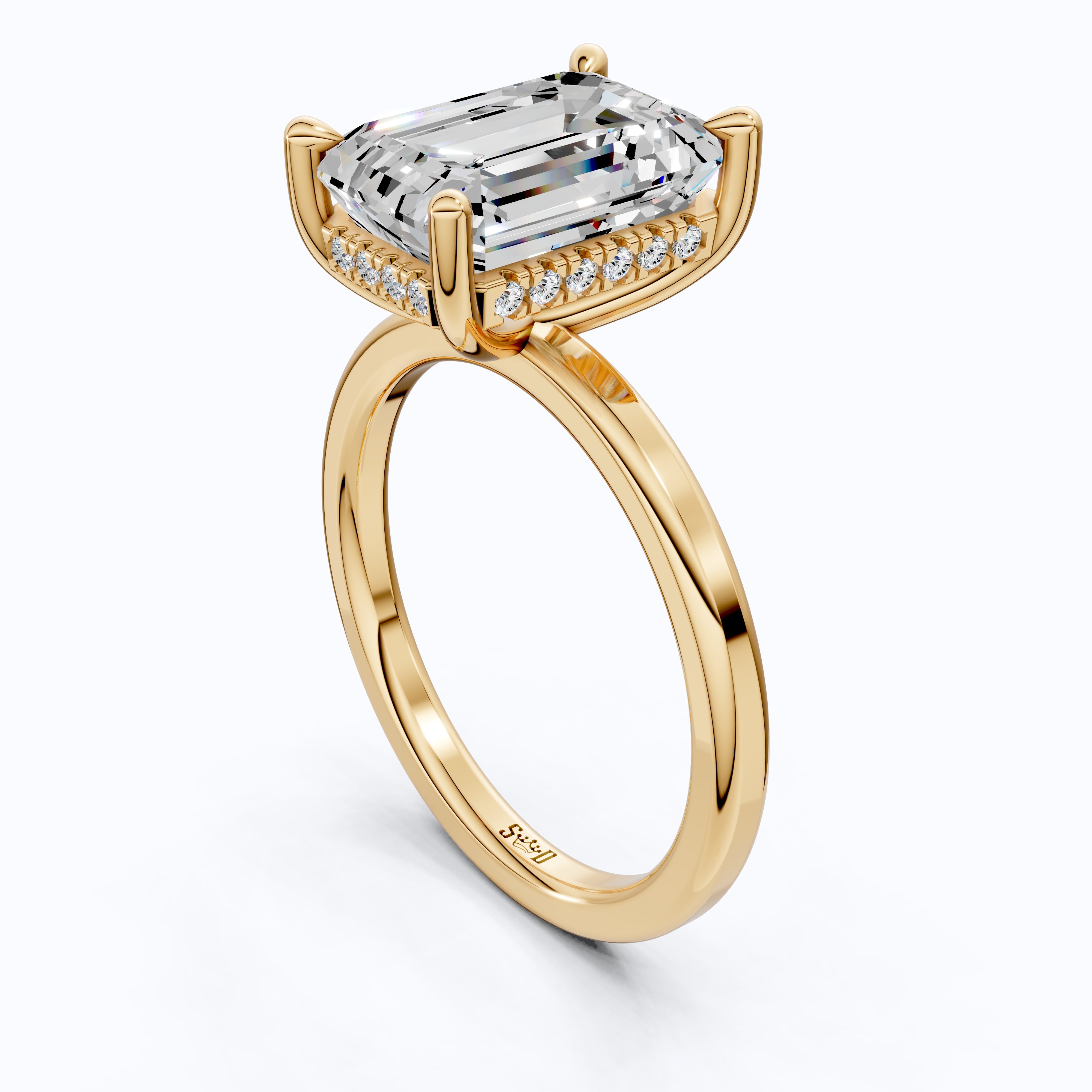 Timeless Four Prong Hidden Halo Engagement Ring in 14K Solid Gold, 3.20 CT Emerald Cut Lab Created Diamond, Bridal Jewelry, Gift For Her