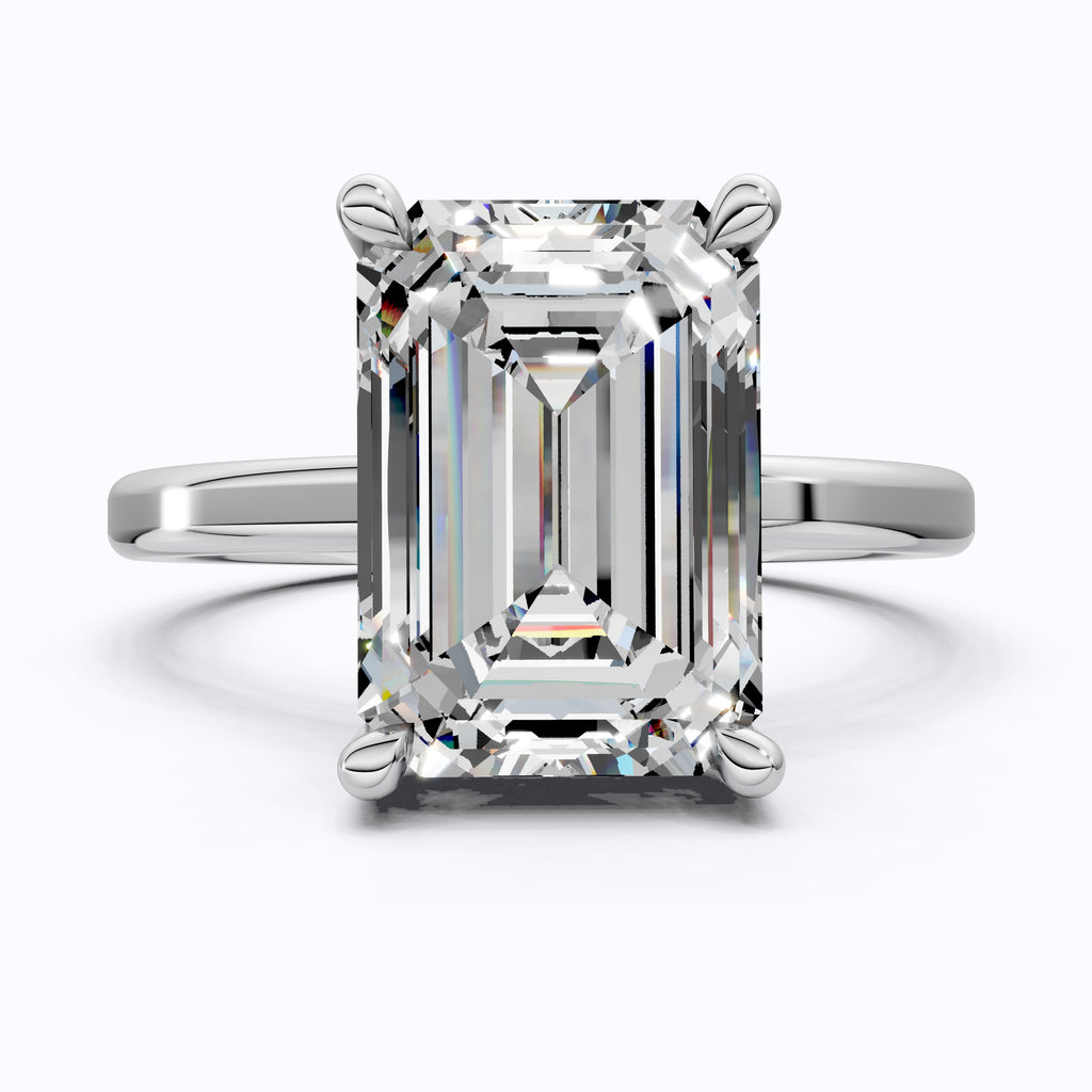 Timeless Four Prong Hidden Halo Engagement Ring in 14K Solid Gold, 3.20 CT Emerald Cut Lab Created Diamond, Bridal Jewelry, Gift For Her