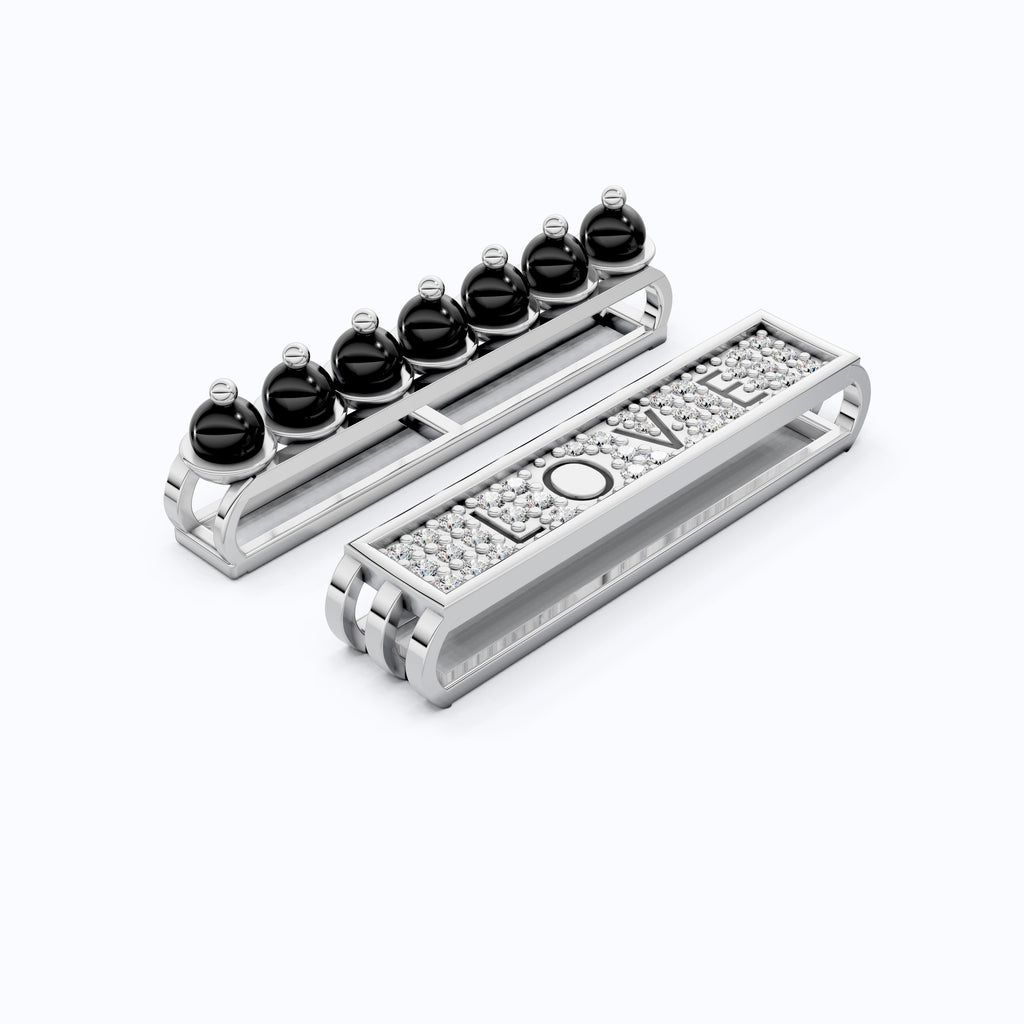 14K White Gold LOVE Watch Charm Accessories – Black Beads & Lab Diamonds, Handmade Gift for Her, Luxury Jewelry Accessory