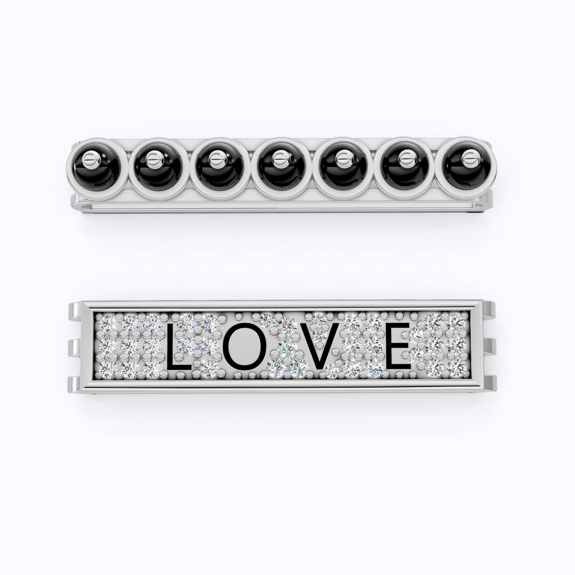 14K White Gold LOVE Watch Charm Accessories – Black Beads & Lab Diamonds, Handmade Gift for Her, Luxury Jewelry Accessory