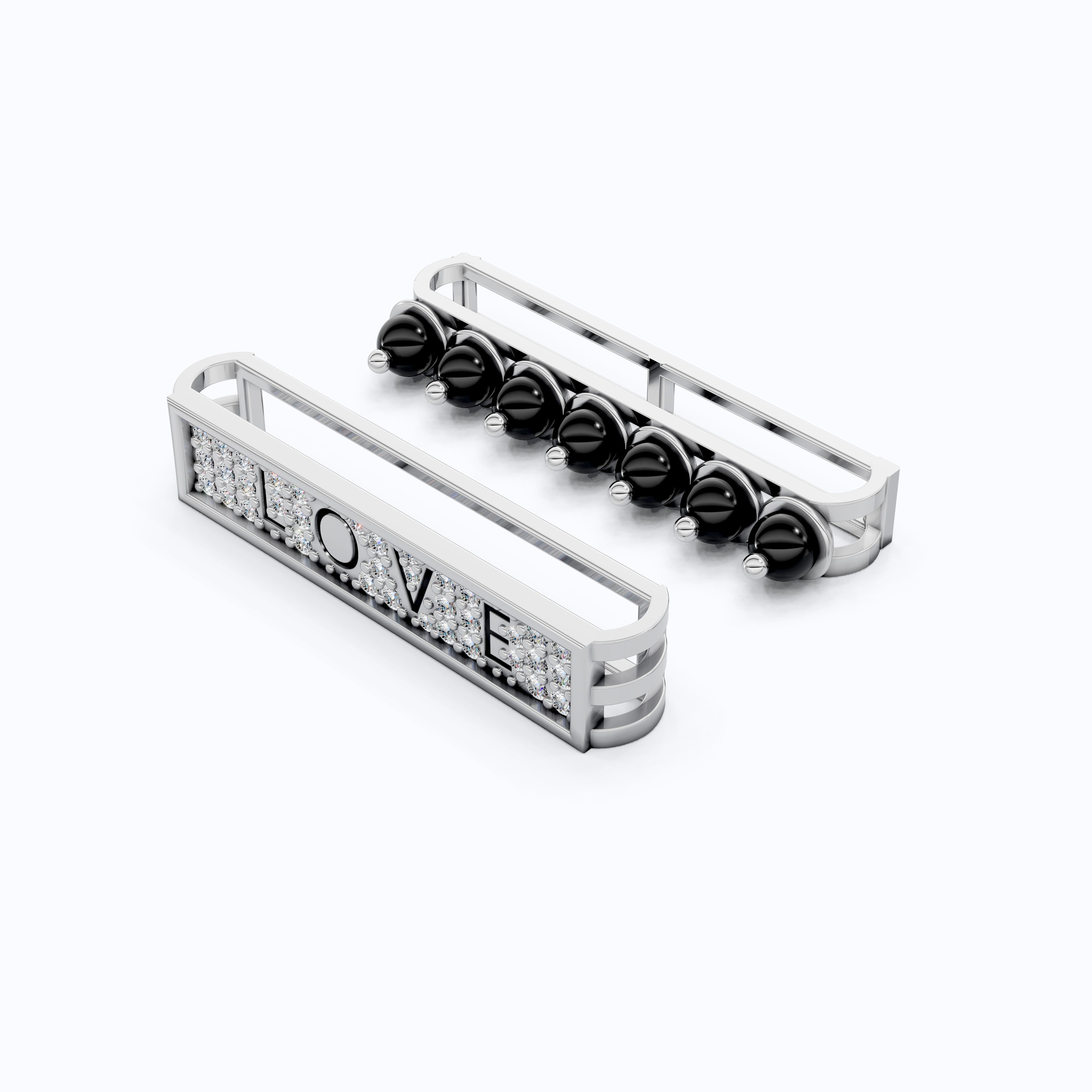 14K White Gold LOVE Watch Charm Accessories – Black Beads & Lab Diamonds, Handmade Gift for Her, Luxury Jewelry Accessory