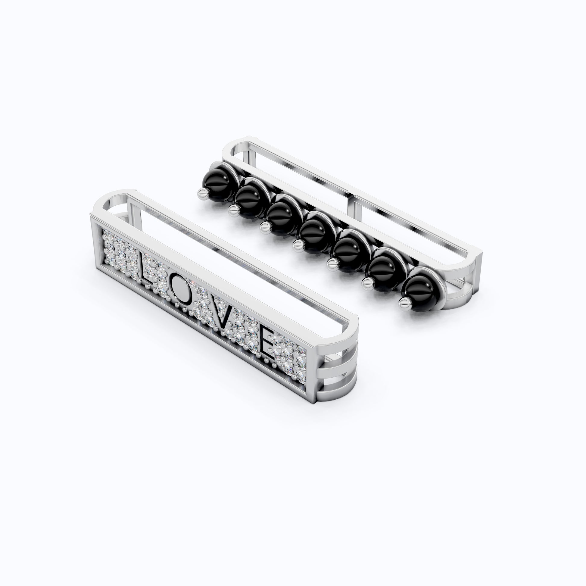 14K White Gold LOVE Watch Charm Accessories – Black Beads & Lab Diamonds, Handmade Gift for Her, Luxury Jewelry Accessory