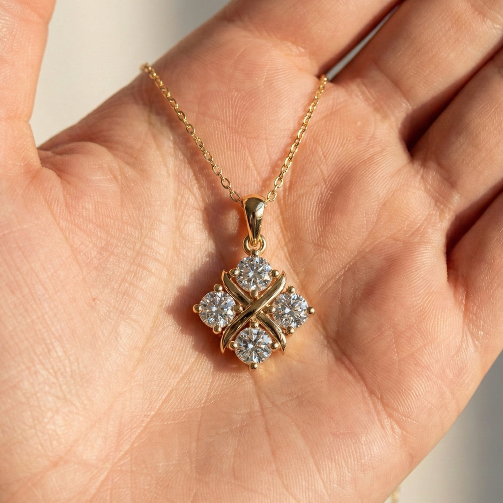 Unique X Style Four Stone Clover Cross Pendant in Lab Grown Diamond-14k Solid Gold, Wedding Gift for Women, Everyday Pendant