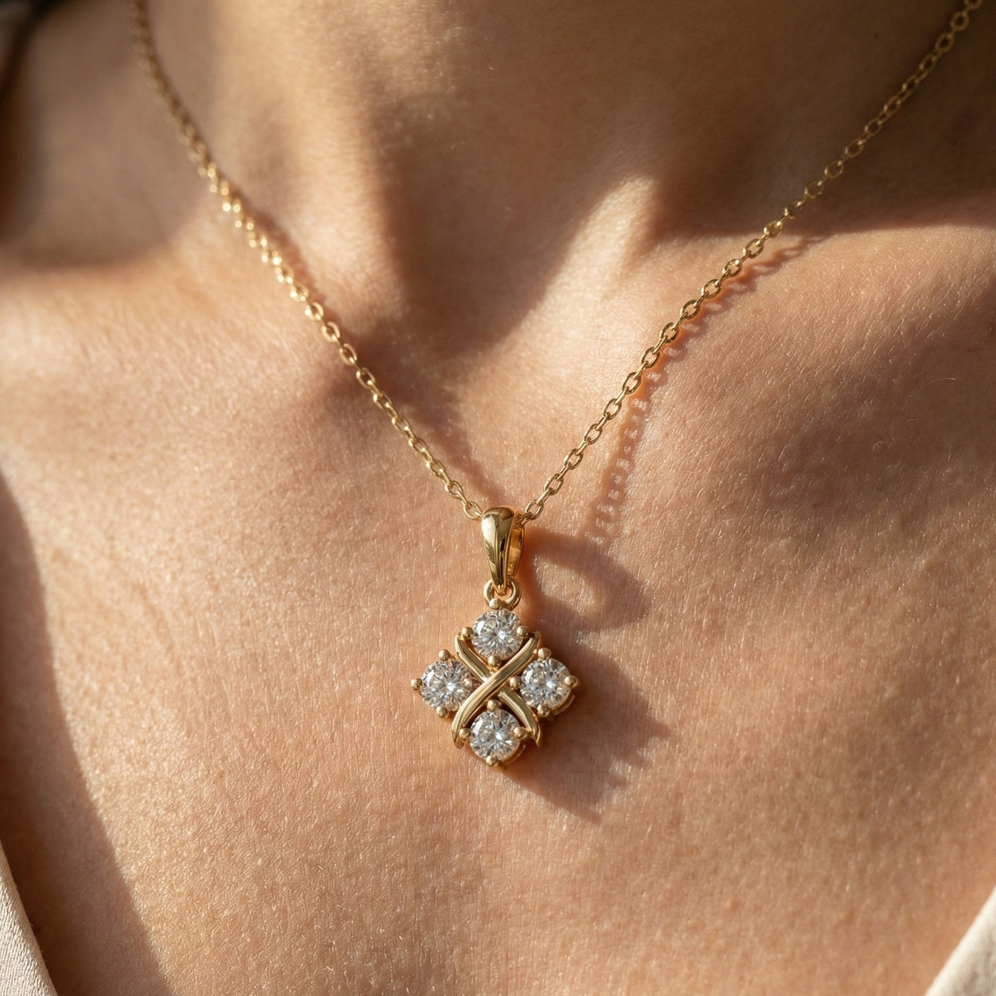 Unique X Style Four Stone Clover Cross Pendant in Lab Grown Diamond-14k Solid Gold, Wedding Gift for Women, Everyday Pendant