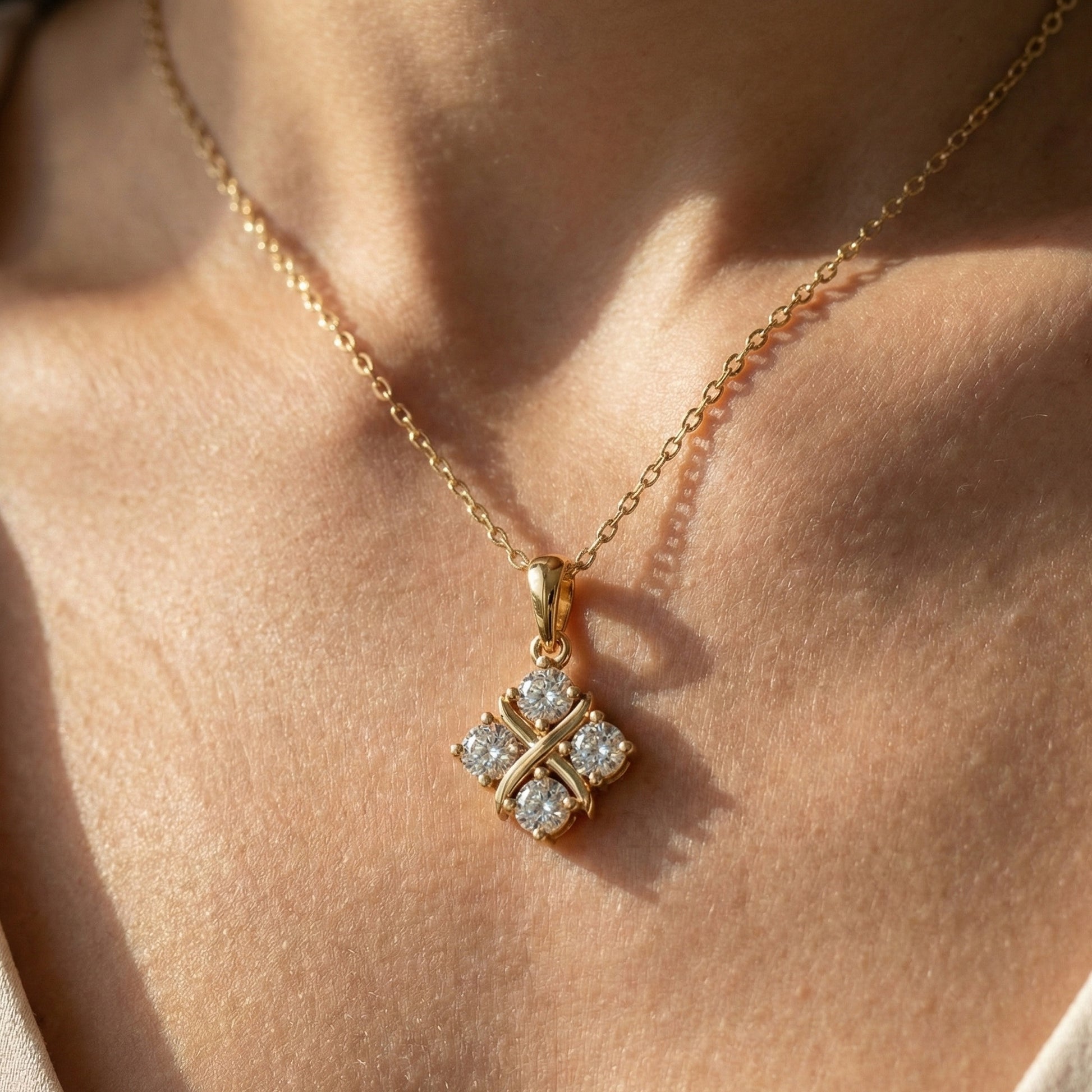 Unique X Style Four Stone Clover Cross Pendant in Lab Grown Diamond-14k Solid Gold, Wedding Gift for Women, Everyday Pendant