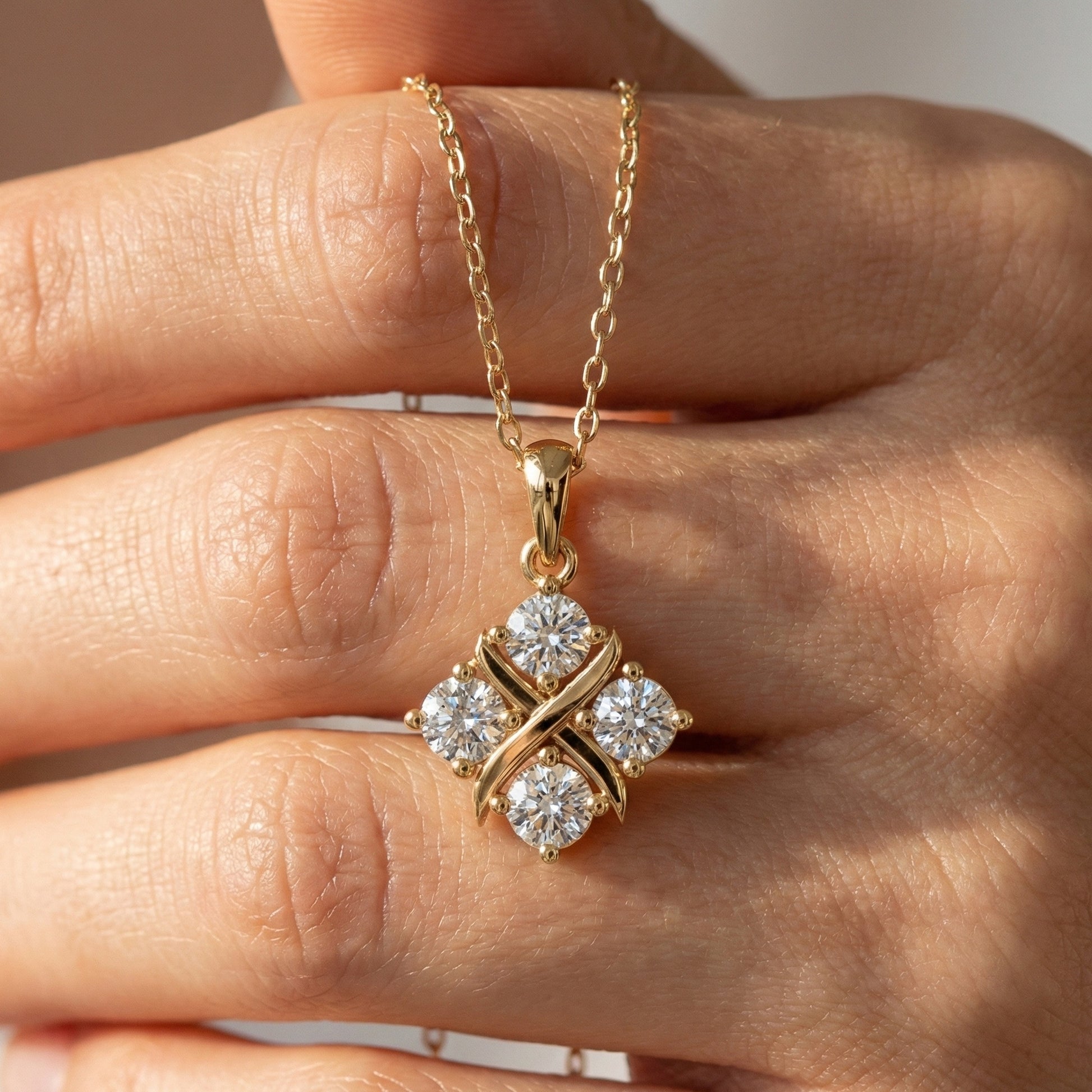 Unique X Style Four Stone Clover Cross Pendant in Lab Grown Diamond-14k Solid Gold, Wedding Gift for Women, Everyday Pendant