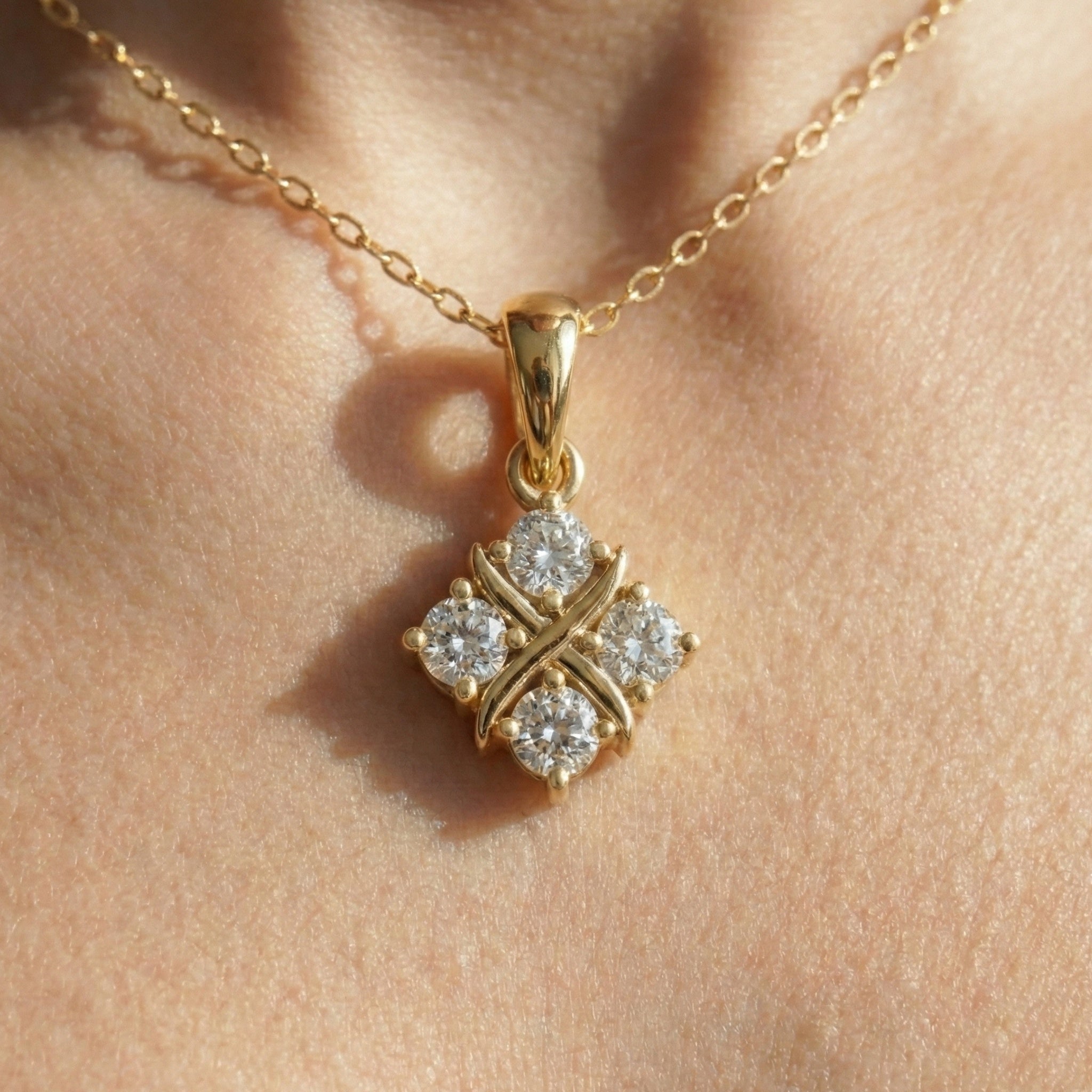 Unique X Style Four Stone Clover Cross Pendant in Lab Grown Diamond-14k Solid Gold, Wedding Gift for Women, Everyday Pendant