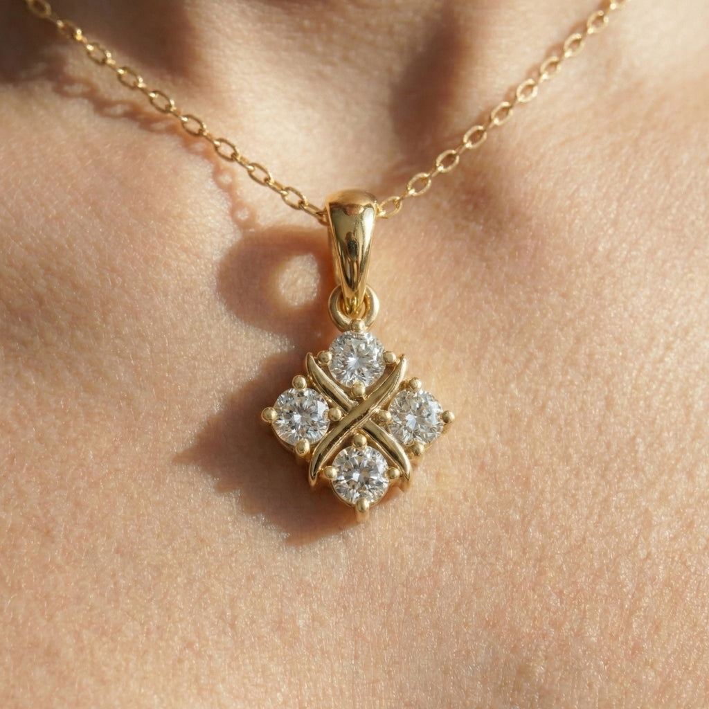Unique X Style Four Stone Clover Cross Pendant in Lab Grown Diamond-14k Solid Gold, Wedding Gift for Women, Everyday Pendant