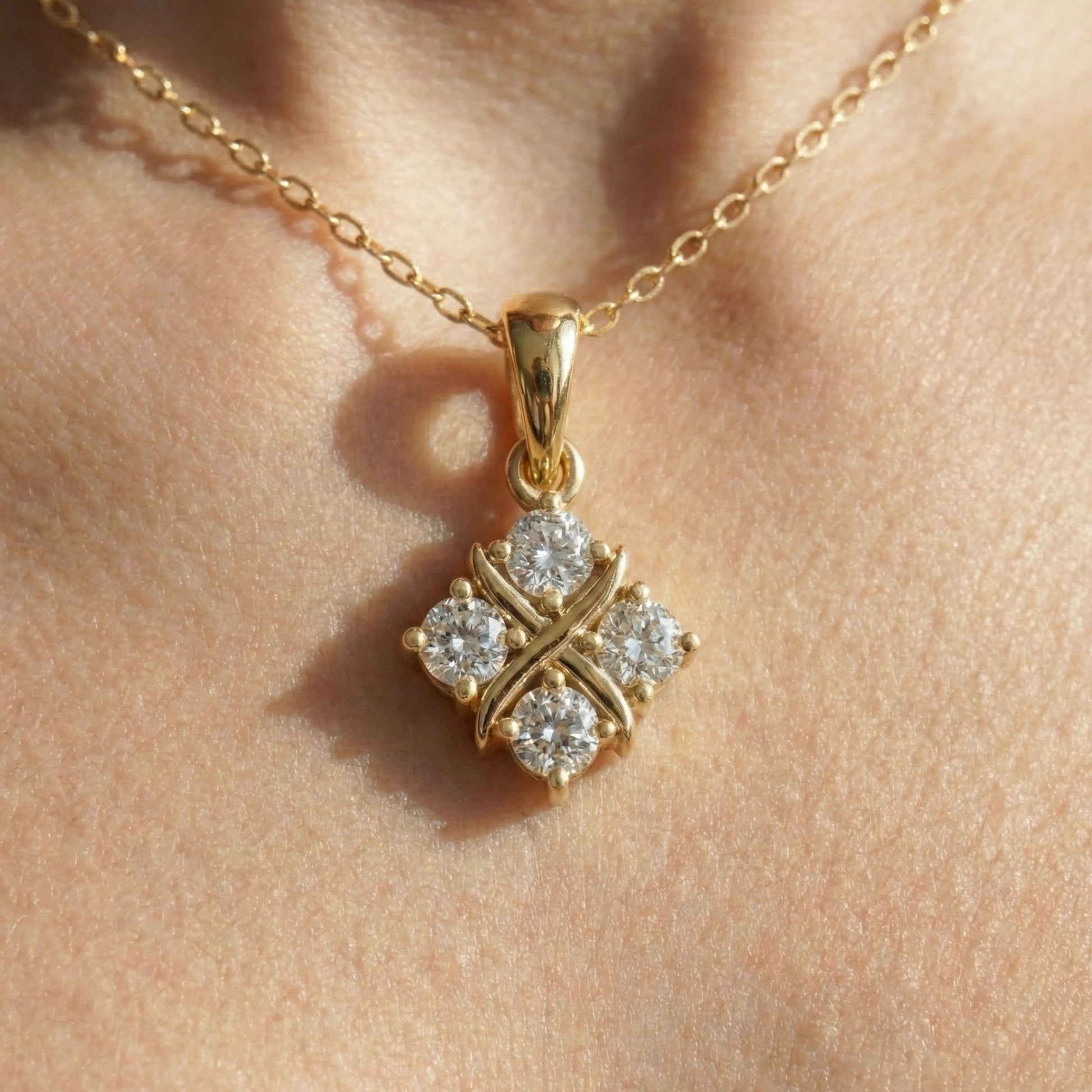 Unique X Style Four Stone Clover Cross Pendant in Lab Grown Diamond-14k Solid Gold, Wedding Gift for Women, Everyday Pendant