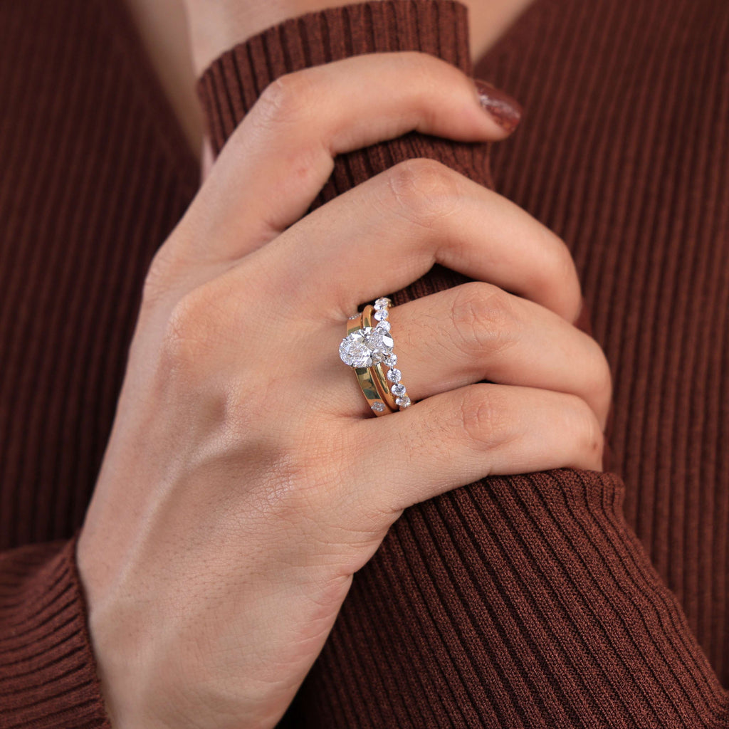 Oval Solitaire & Curved Band Bridal Ring Set in Lab Diamond – 14k Solid Gold, Bridal Jewelry, Anniversary Gift for Her