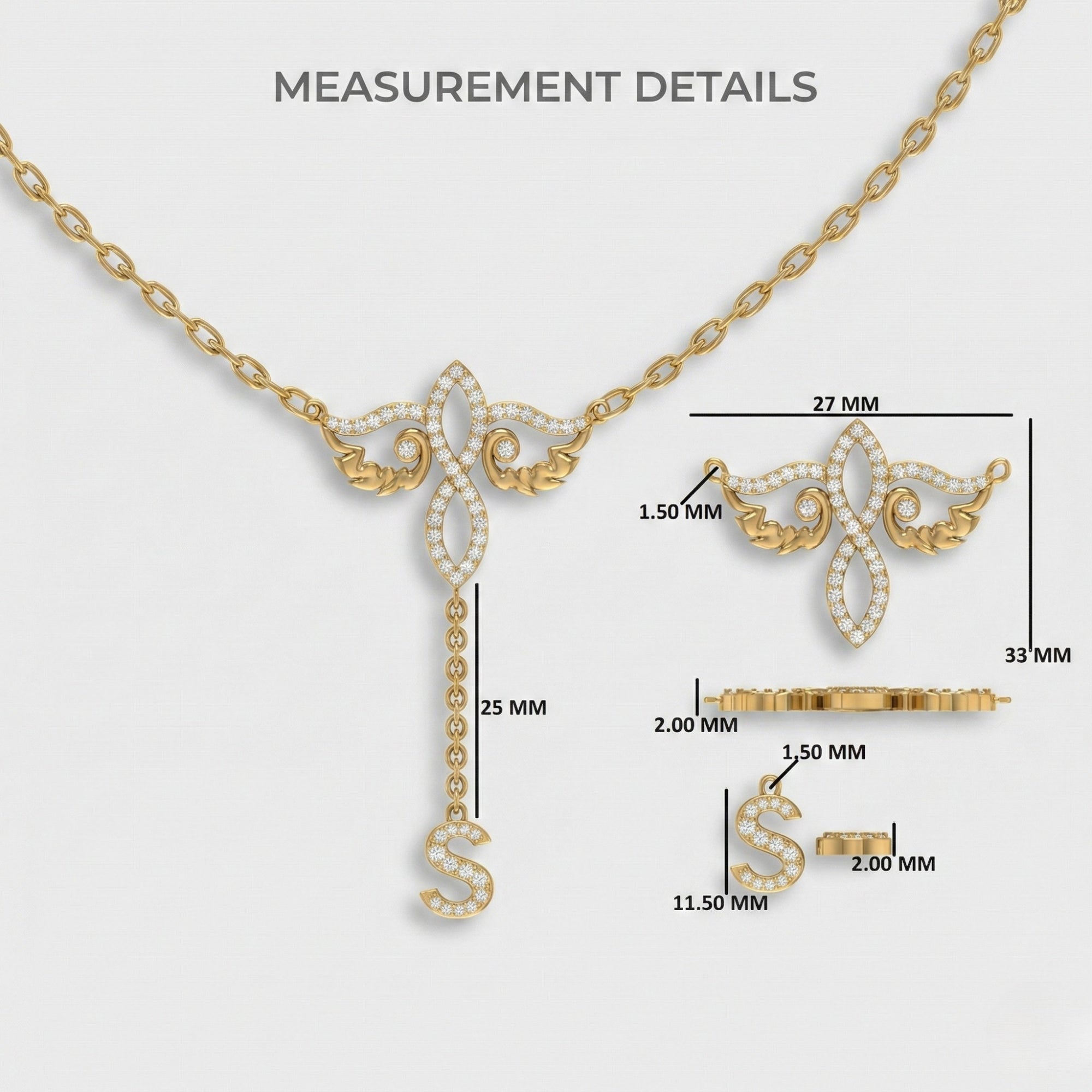 Personalized Infinity Angel Wing Initial Drop Pendant Necklace in Lab Diamond – 14K Solid Gold, Wedding Gift for Her, Modern Bridal Jewelry, Daily Wear